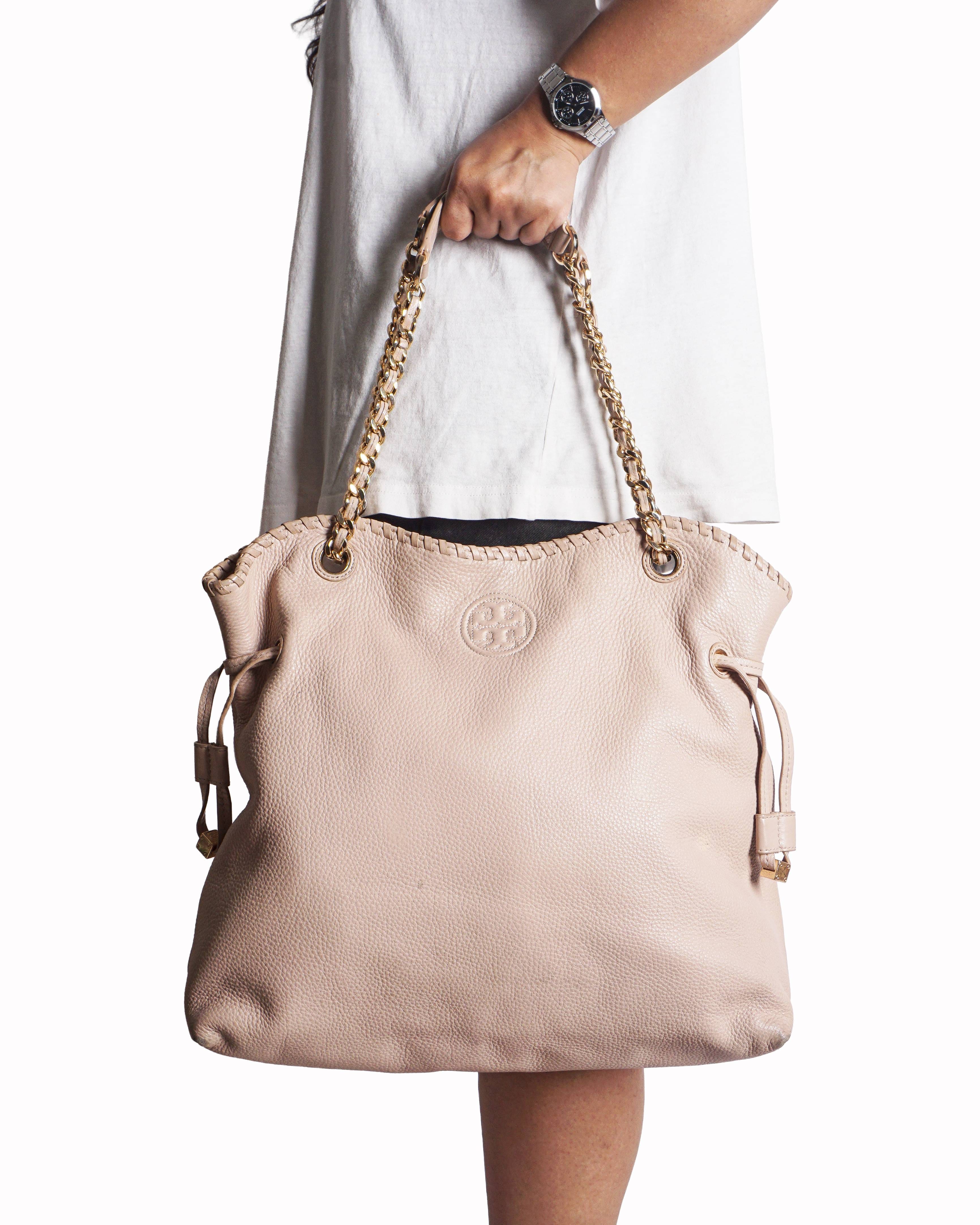 Tory Burch Marion Blush Pink Pebbled Leather Whipstitch Shoulder Bag