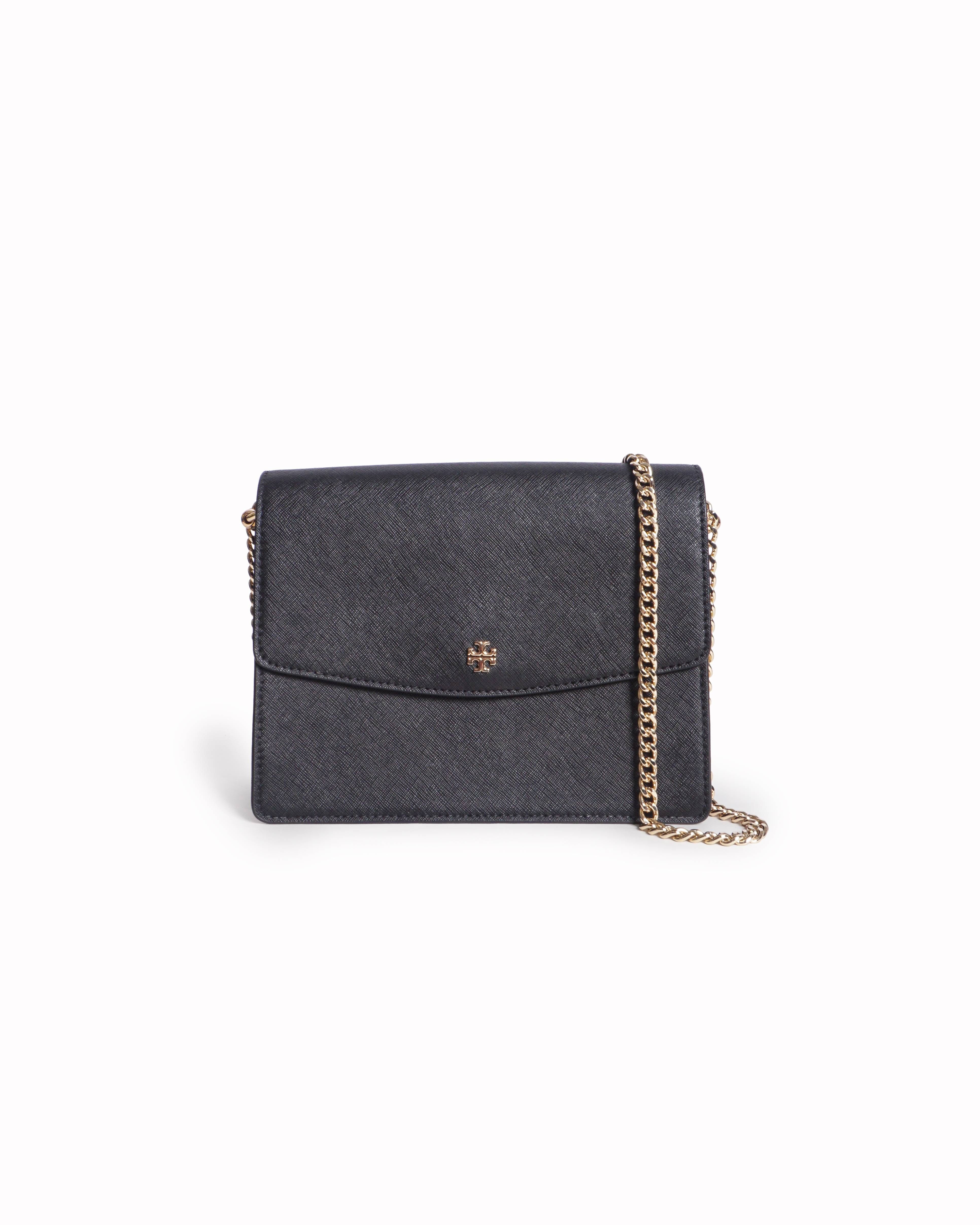 Tory Burch Black Saffiano Leather Emerson Envelope Shoulder Bag
