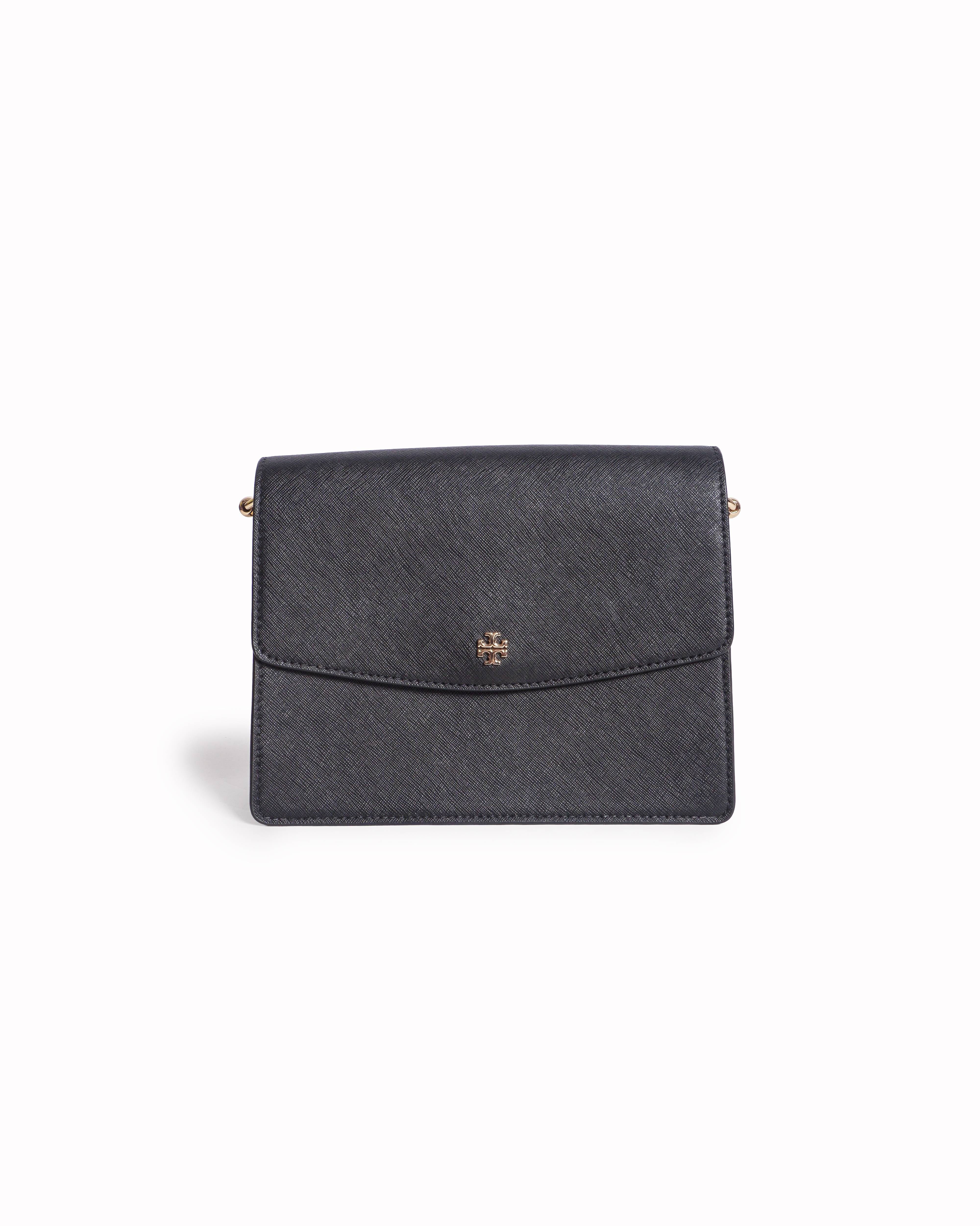 Tory Burch Black Saffiano Leather Emerson Envelope Shoulder Bag