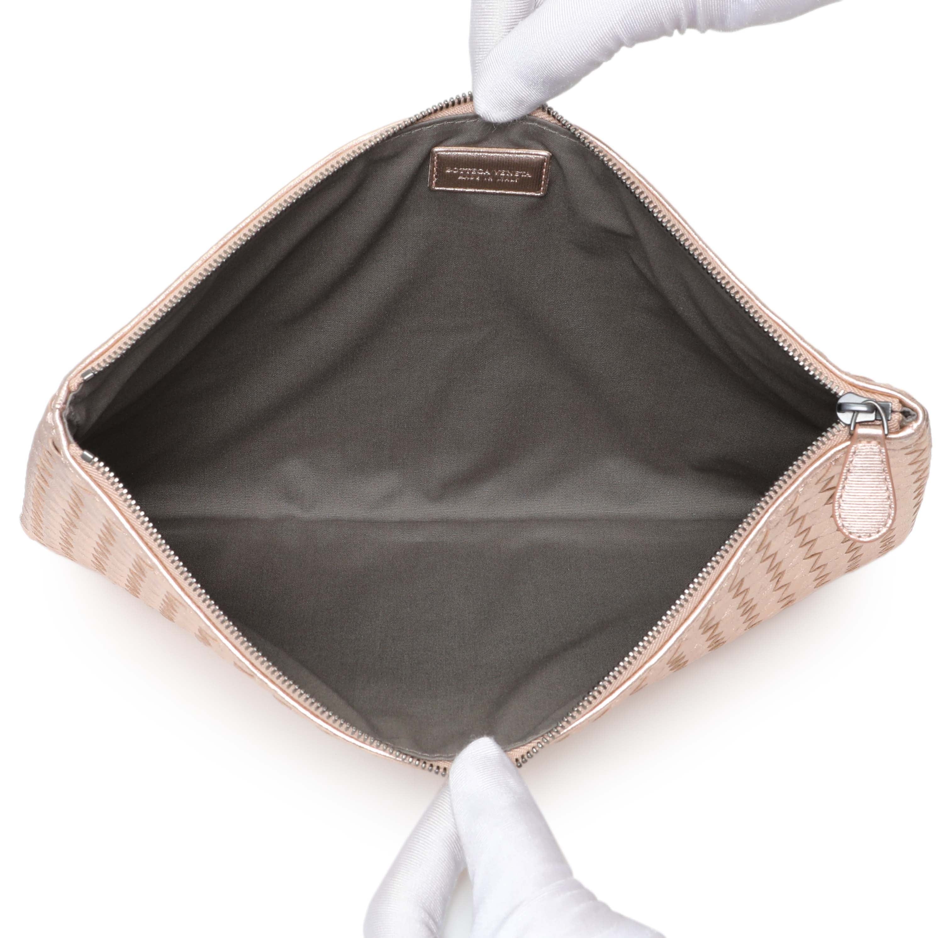 Bottega Veneta Metallic Pink Nappa Intrecciato Zipped Flat Pouch