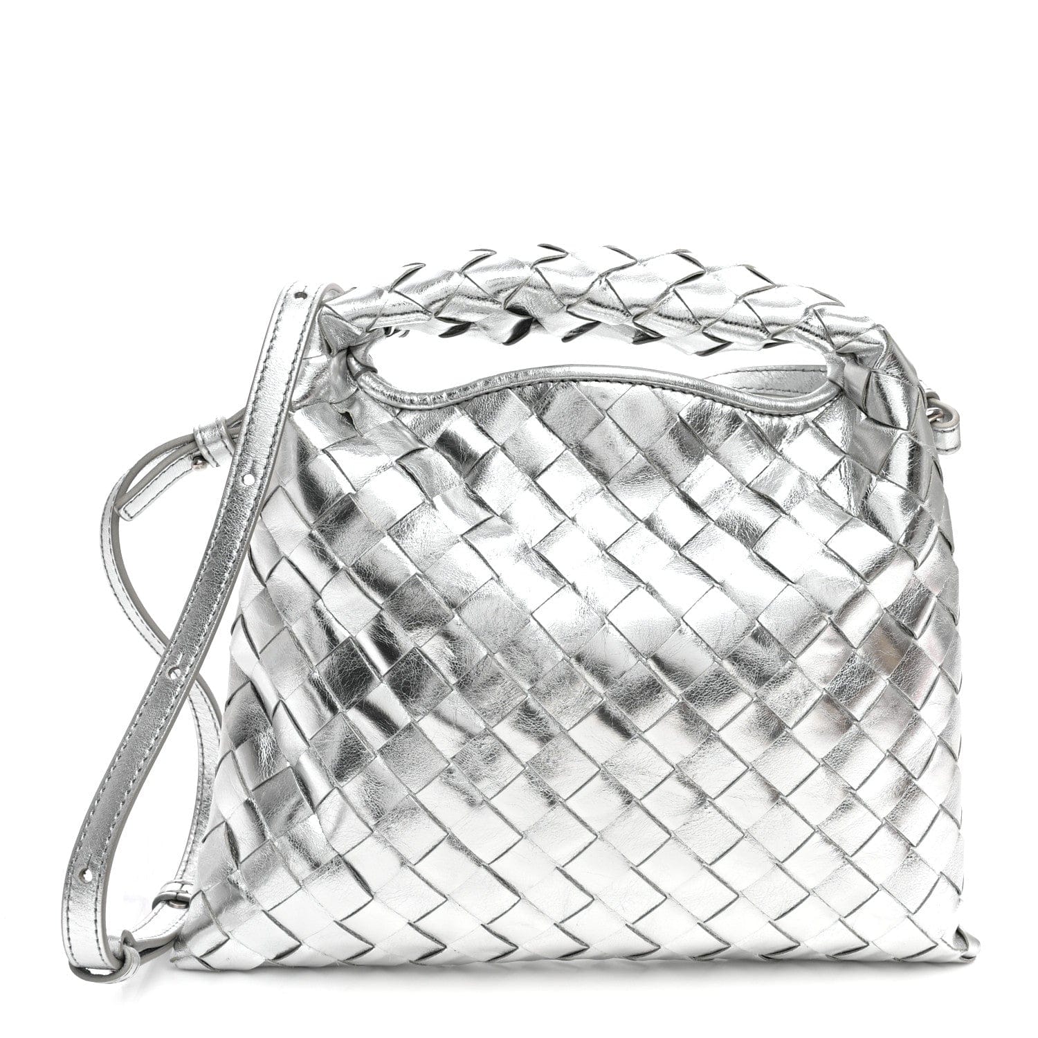 Bottega Veneta Metallic Lambskin Intrecciato Mini Hop Silver