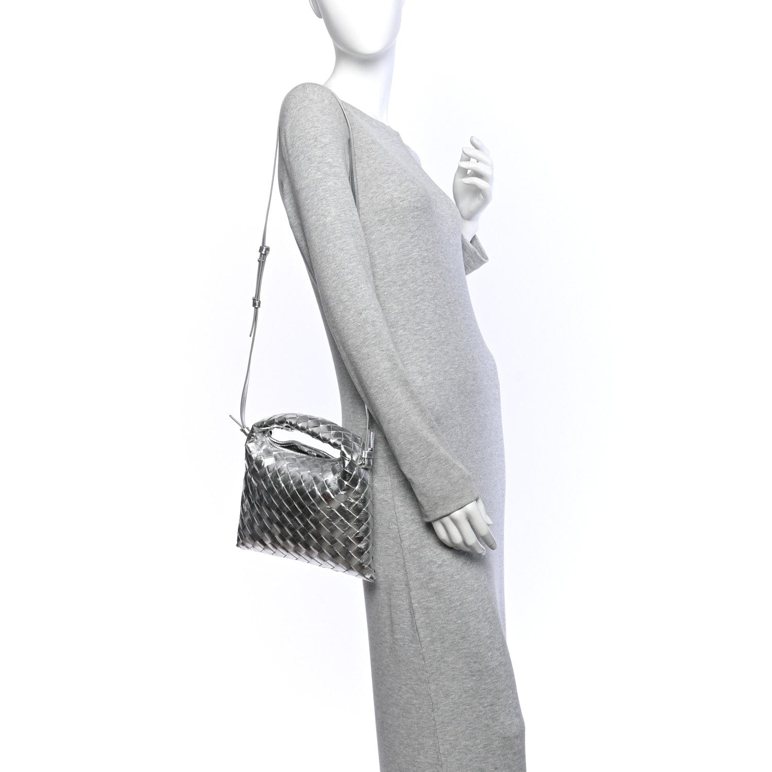 Bottega Veneta Metallic Lambskin Intrecciato Mini Hop Silver