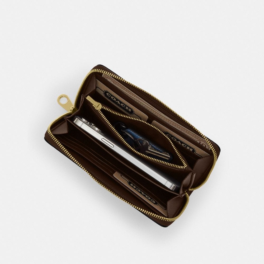 Coach Long Zip Around Wallet In Signature Canvas Gold Walnut Black