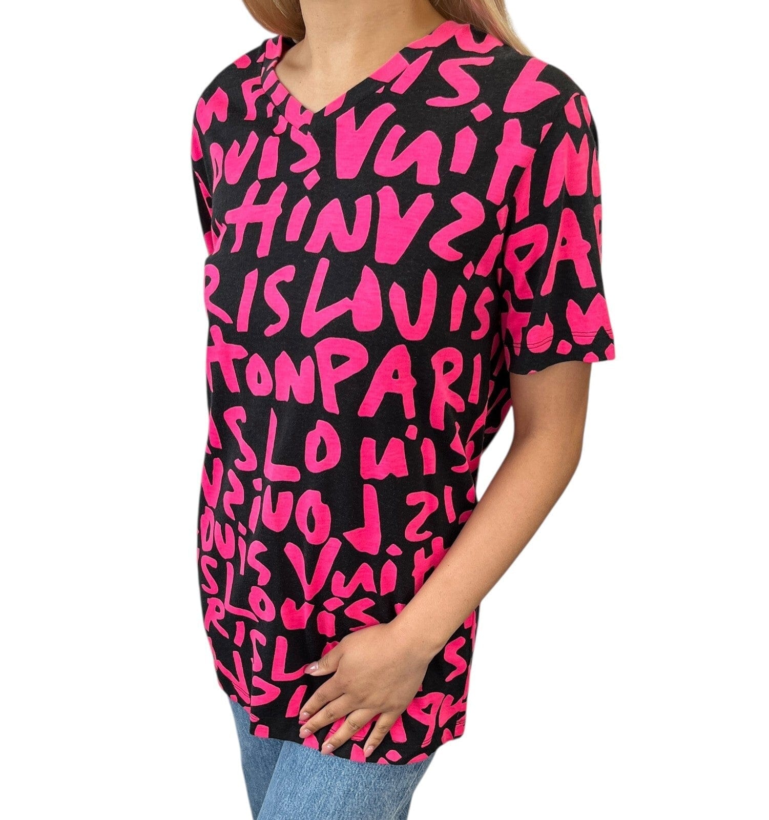 LOUIS VUITTON Vintage LV Logo Graffiti Print T - shirt Top #M Black Pink Cotton