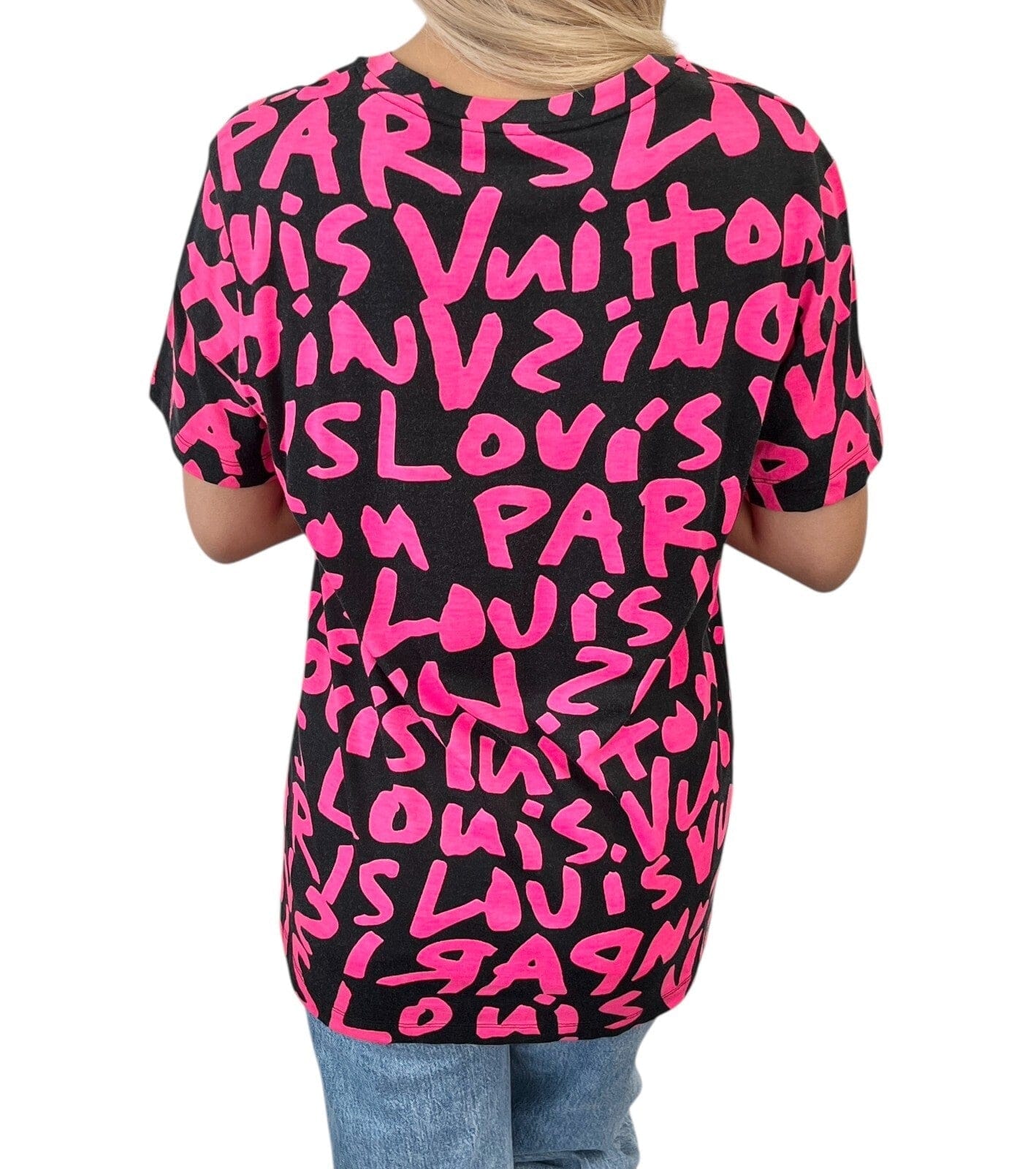 LOUIS VUITTON Vintage LV Logo Graffiti Print T - shirt Top #M Black Pink Cotton