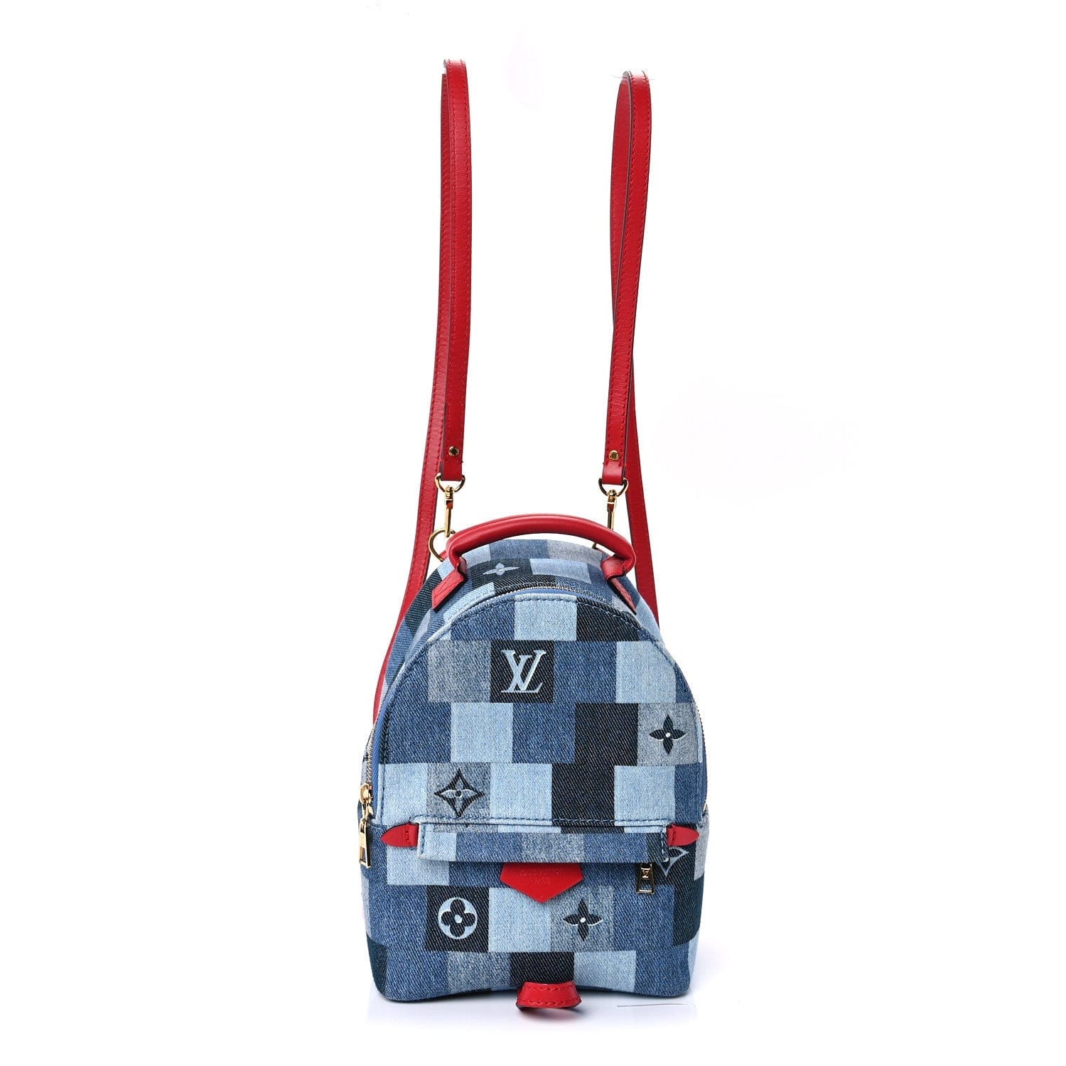 Louis Vuitton Denim Damier Monogram Patchwork Palm Springs Backpack Mini Blue Rouge