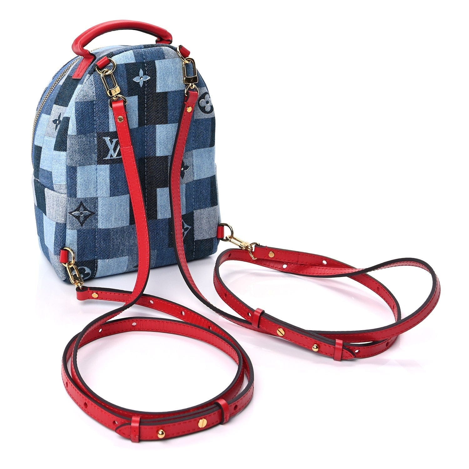 Louis Vuitton Denim Damier Monogram Patchwork Palm Springs Backpack Mini Blue Rouge