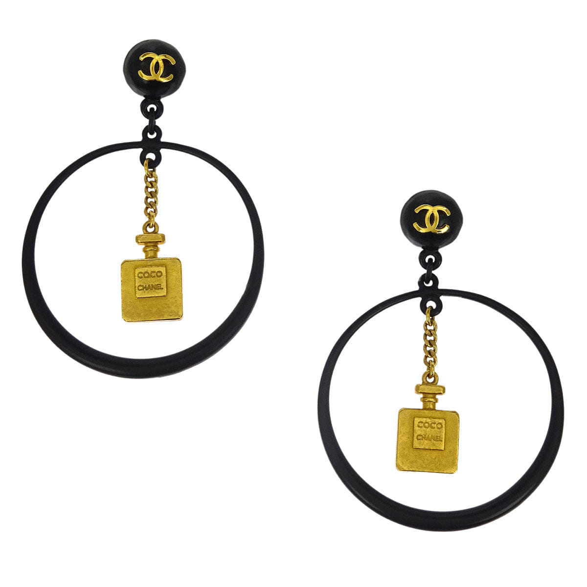 Chanel Gold Black Hoop Dangle Perfume Bottle Earrings Clip - On 94C