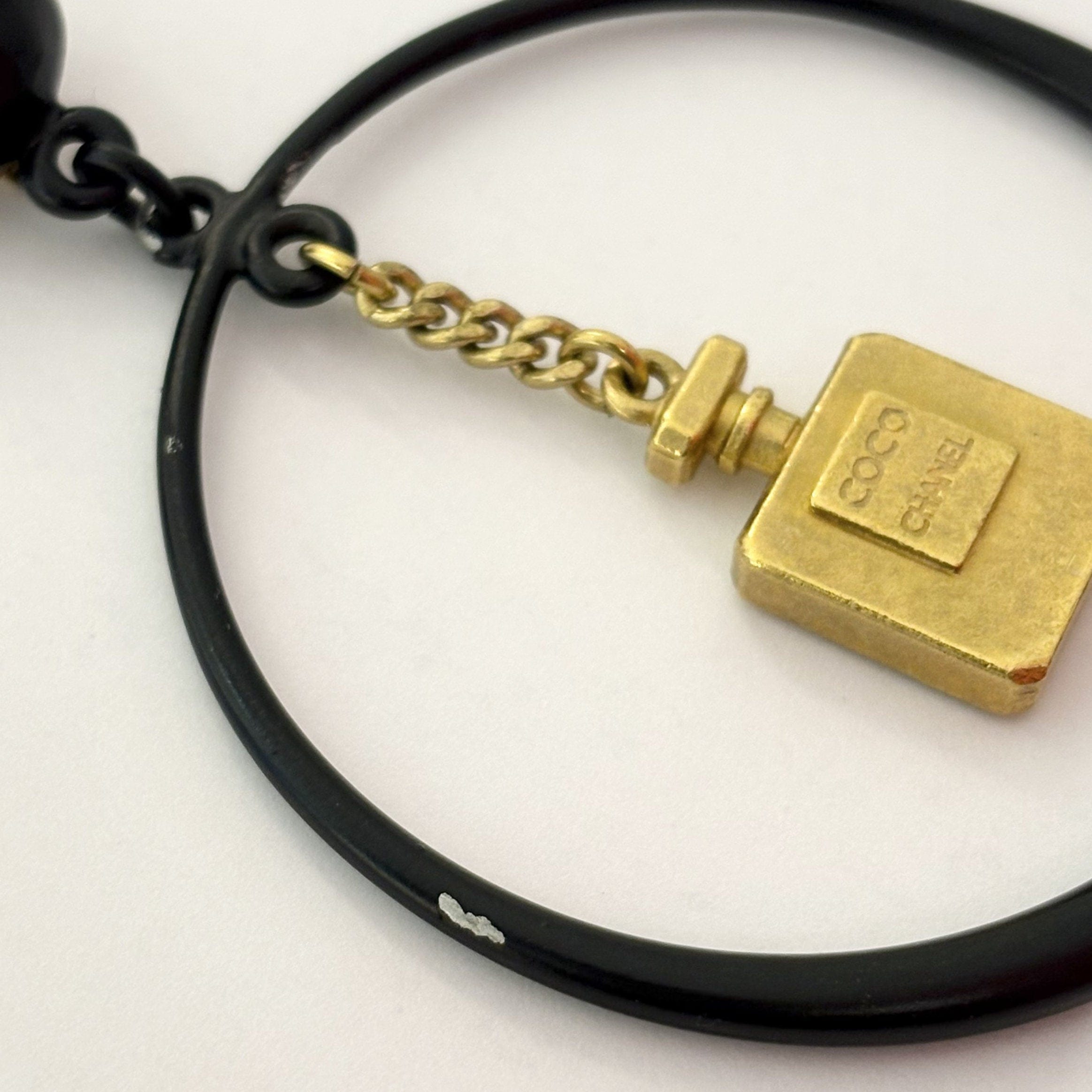 Chanel Gold Black Hoop Dangle Perfume Bottle Earrings Clip - On 94C