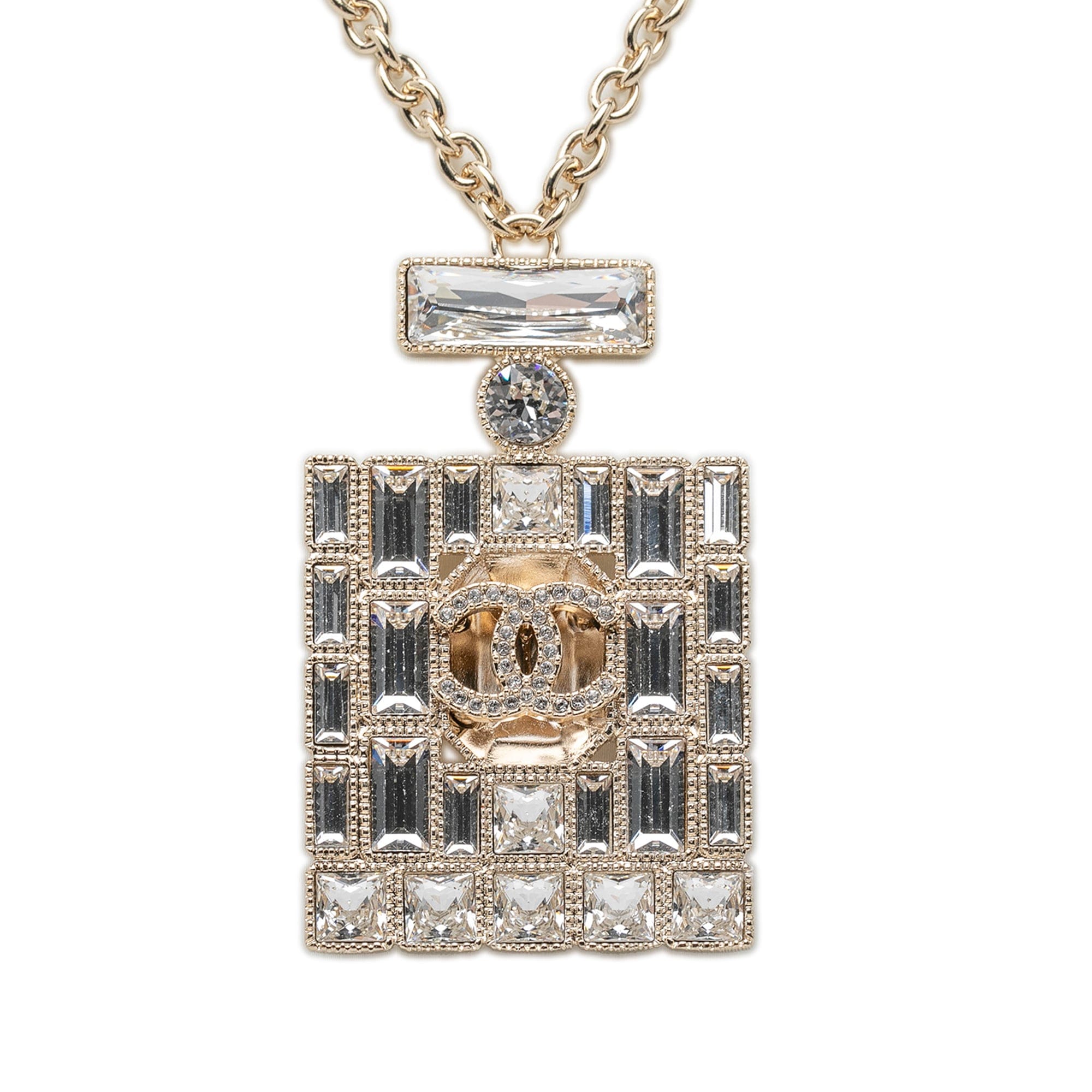 Chanel CC Gold Plated Strass Perfume Bottle Pendant Necklace