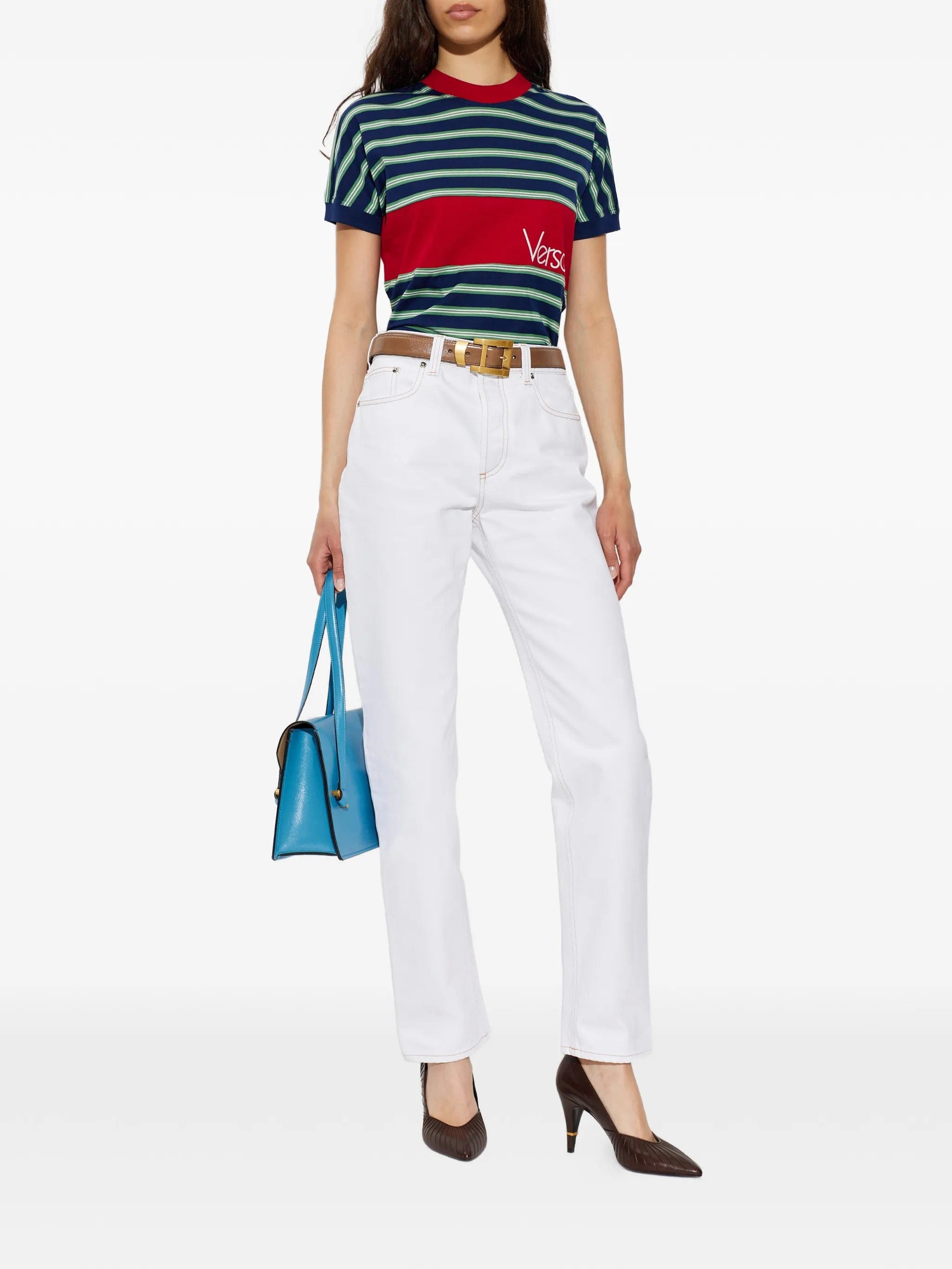 Versace striped logo - embroidered T - shirt
