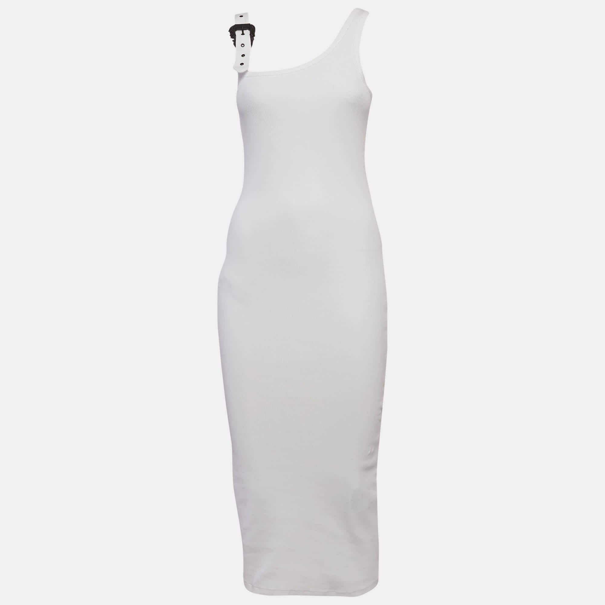 Versace Jeans Couture White Rib Knit Buckle Strap Midi Dress