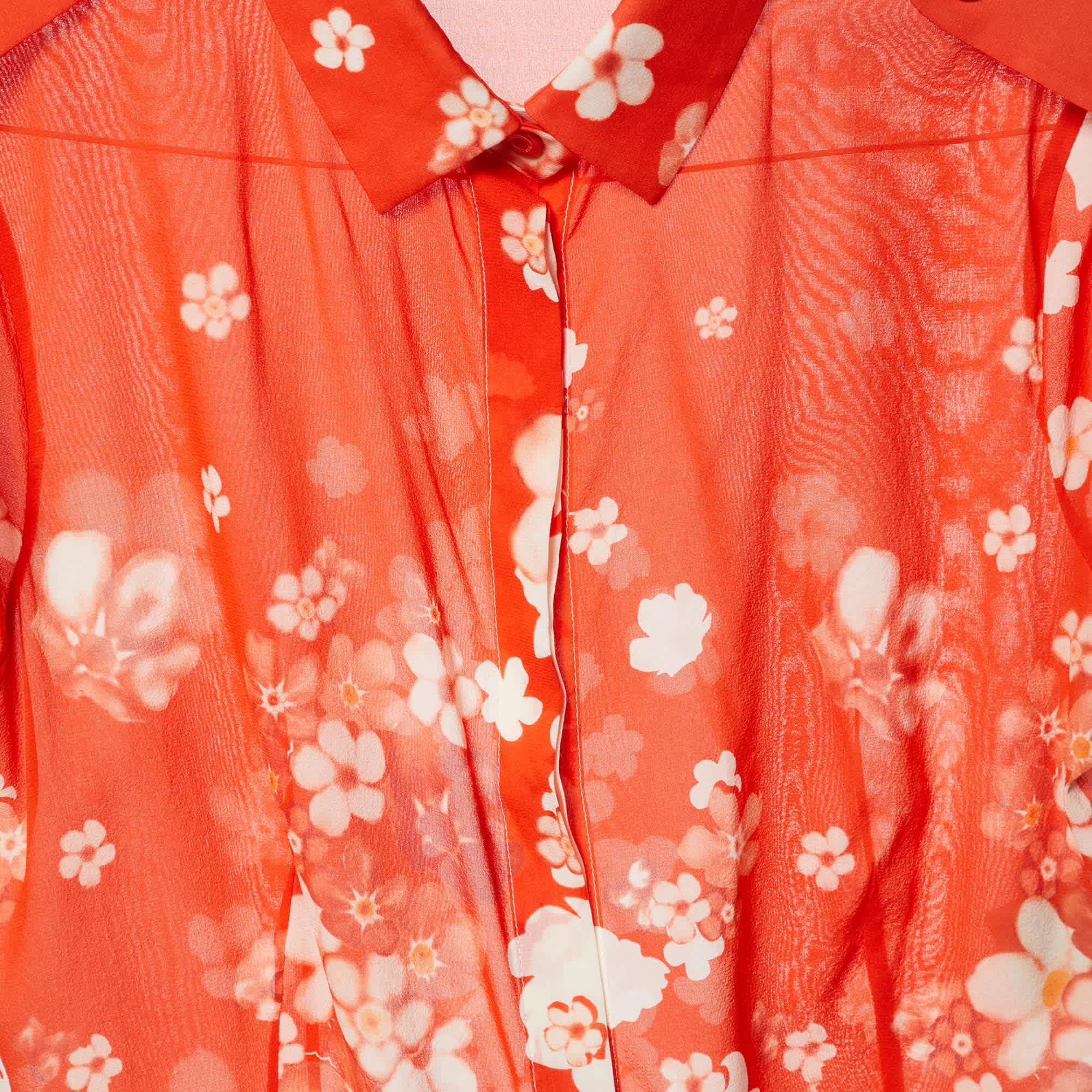 Versace Orange Floral Print Silk Crepe Button Front Blouse