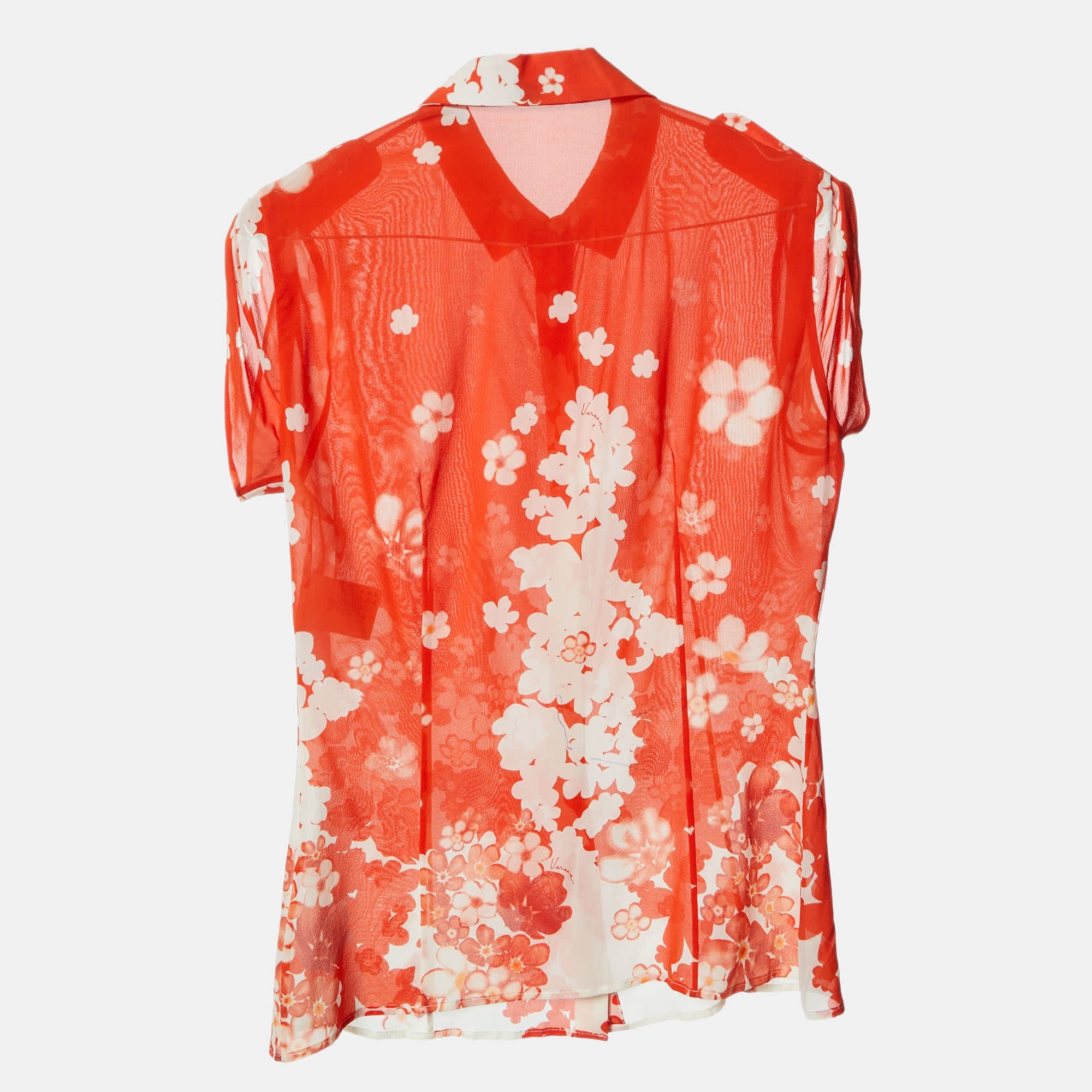 Versace Orange Floral Print Silk Crepe Button Front Blouse