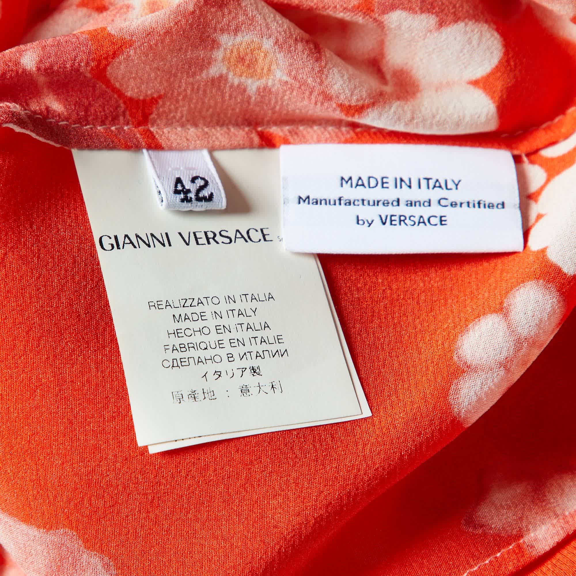 Versace Orange Floral Print Silk Crepe Button Front Blouse