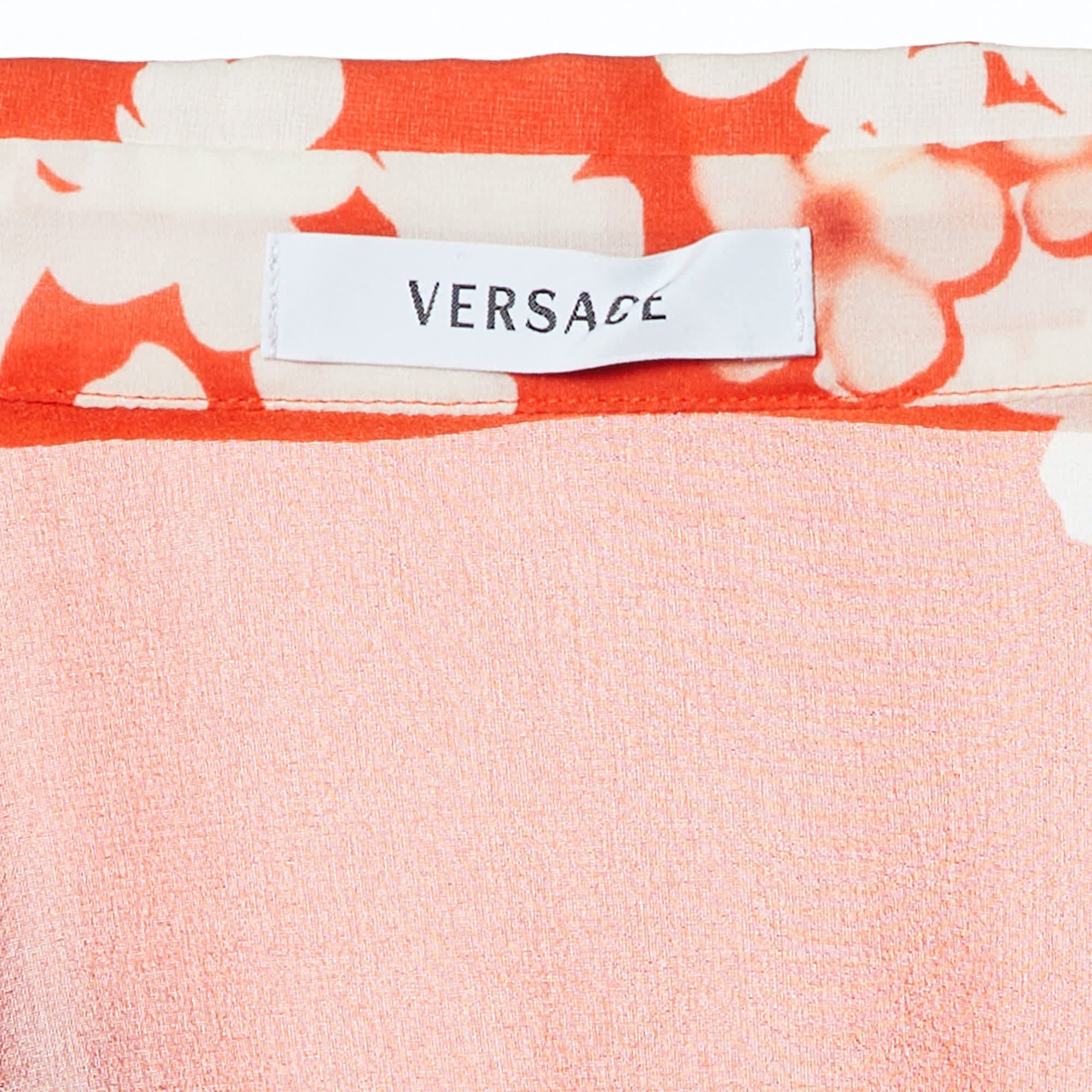 Versace Orange Floral Print Silk Crepe Button Front Blouse