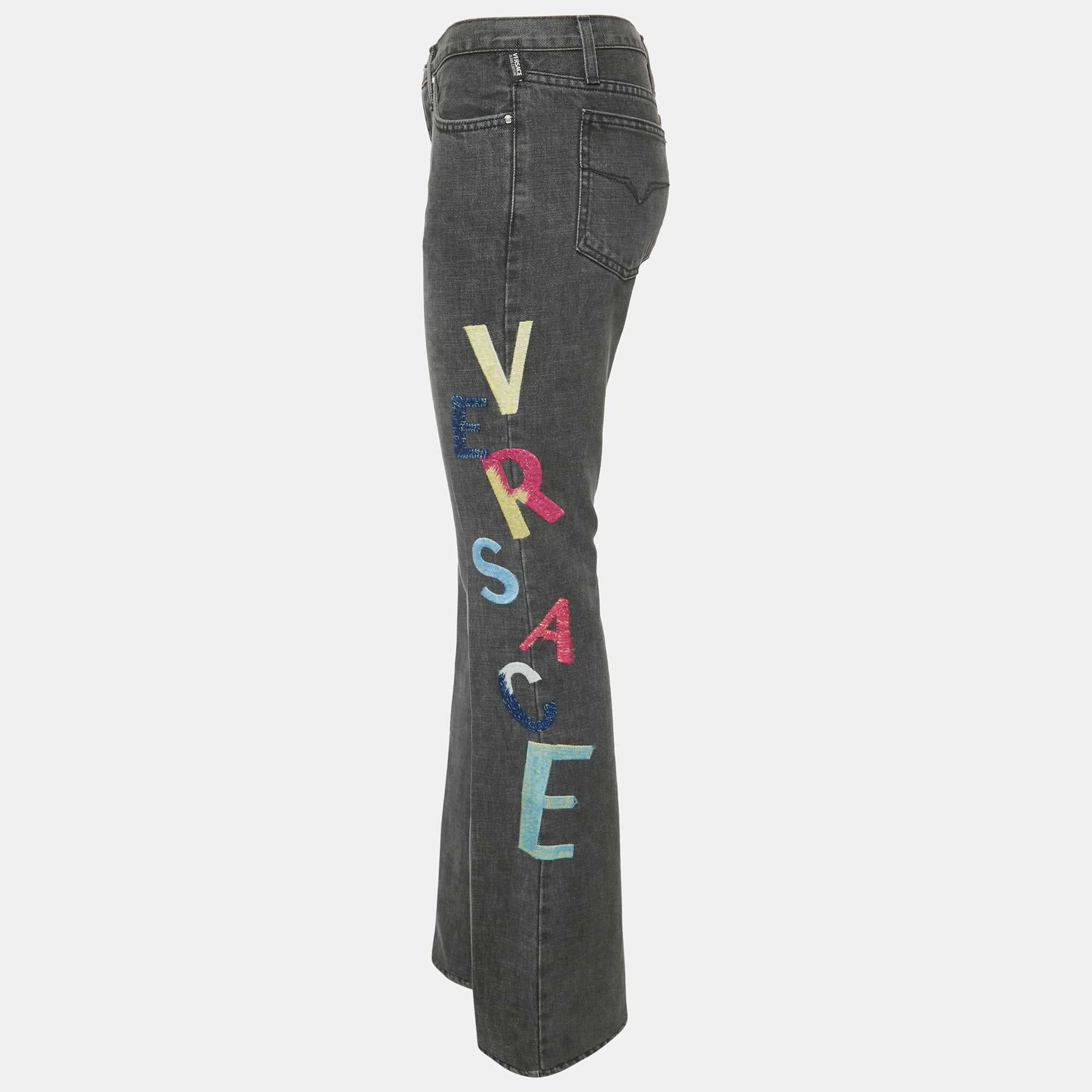 Versace Jeans Couture Grey Logo Embroidered Cotton Wide Leg Jeans M Waist
