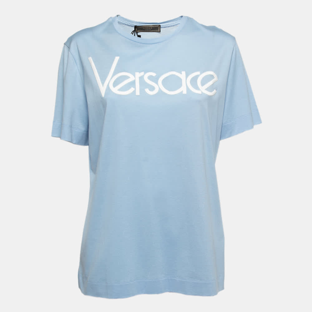 Versace Light Blue Cotton Logo Embroidered Tribute T - Shirt