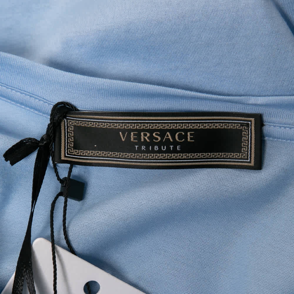 Versace Light Blue Cotton Logo Embroidered Tribute T - Shirt