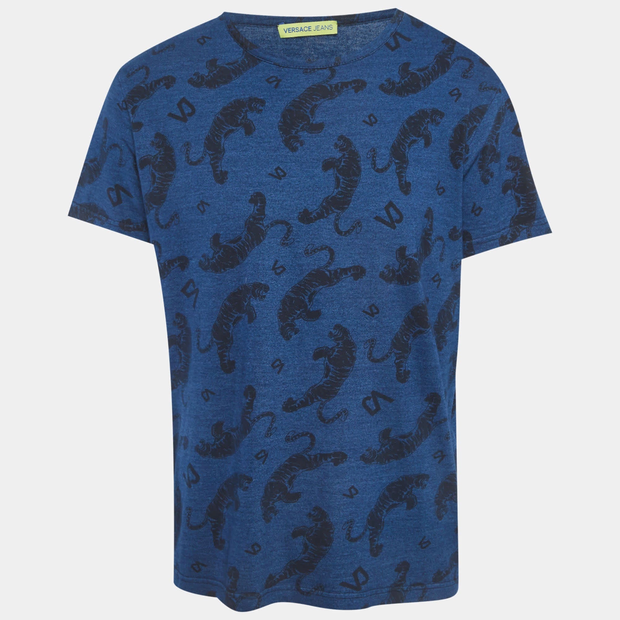 Versace Jeans Blue Tiger Print Jersey Crew Neck T - Shirt