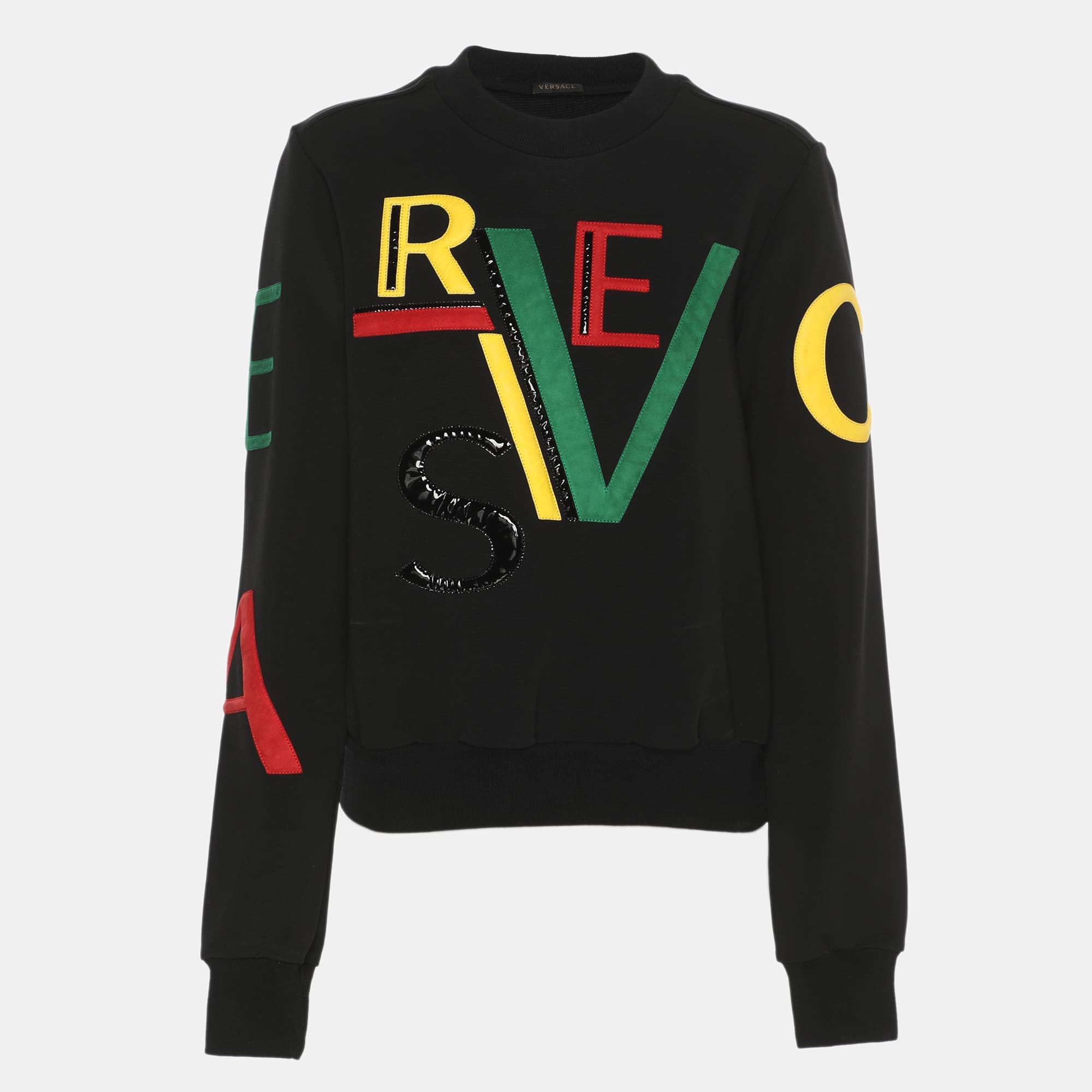 Versace Black Jersey Multicolor Logo Embroidered Sweatshirt