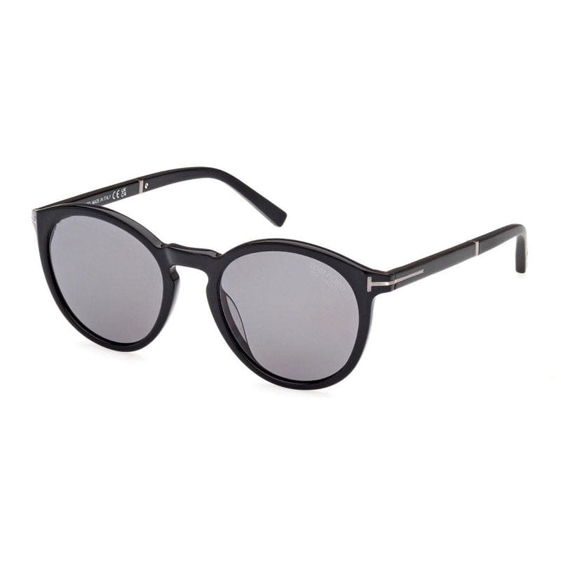 Tom Ford Sunglasses Round Full Rim, Shiny Black Frame and Smoke Polarized Lens FT1021 - N01D
