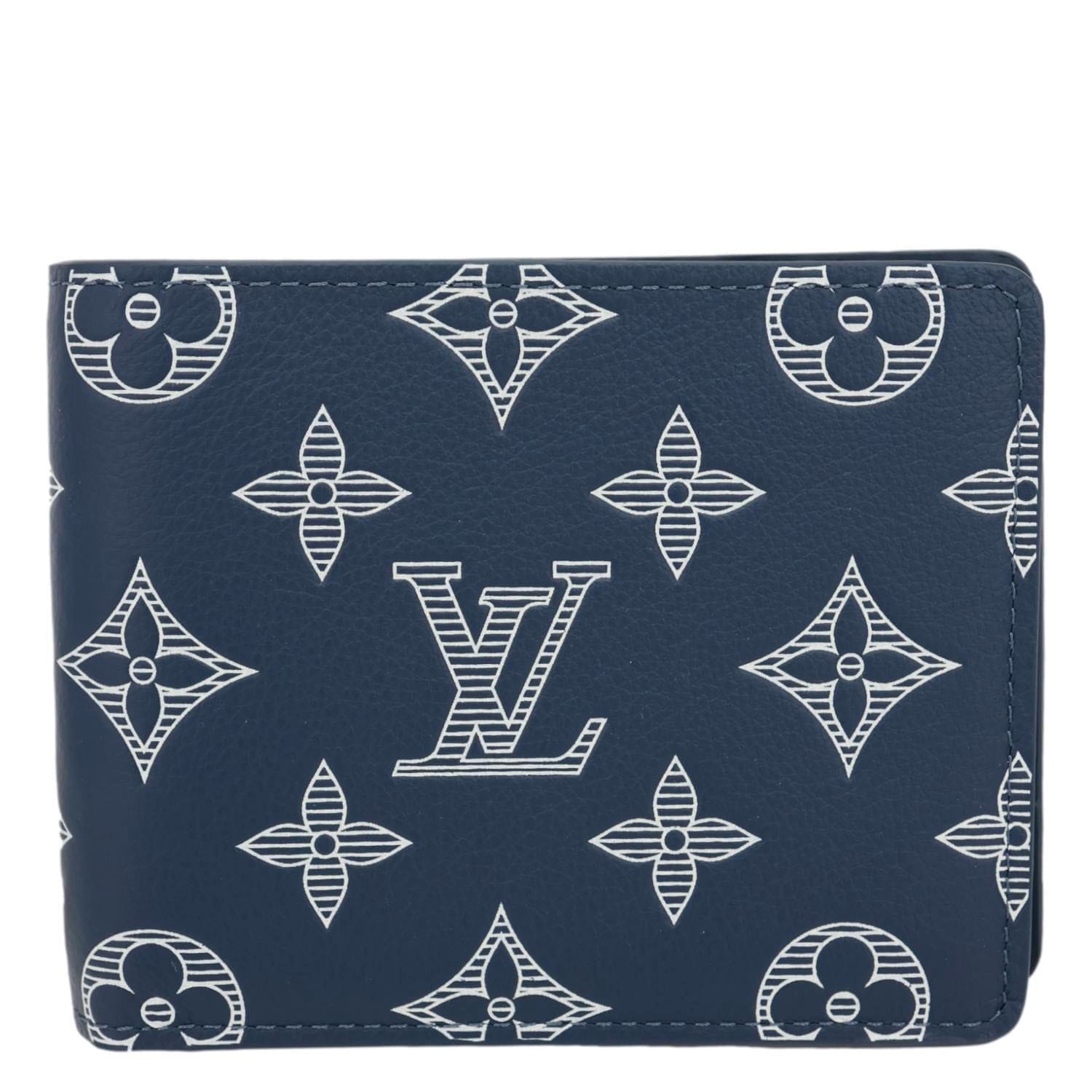 LOUIS VUITTON Porte Feuille Multiple Monogram Shadow Leather Wallet Navy Blue
