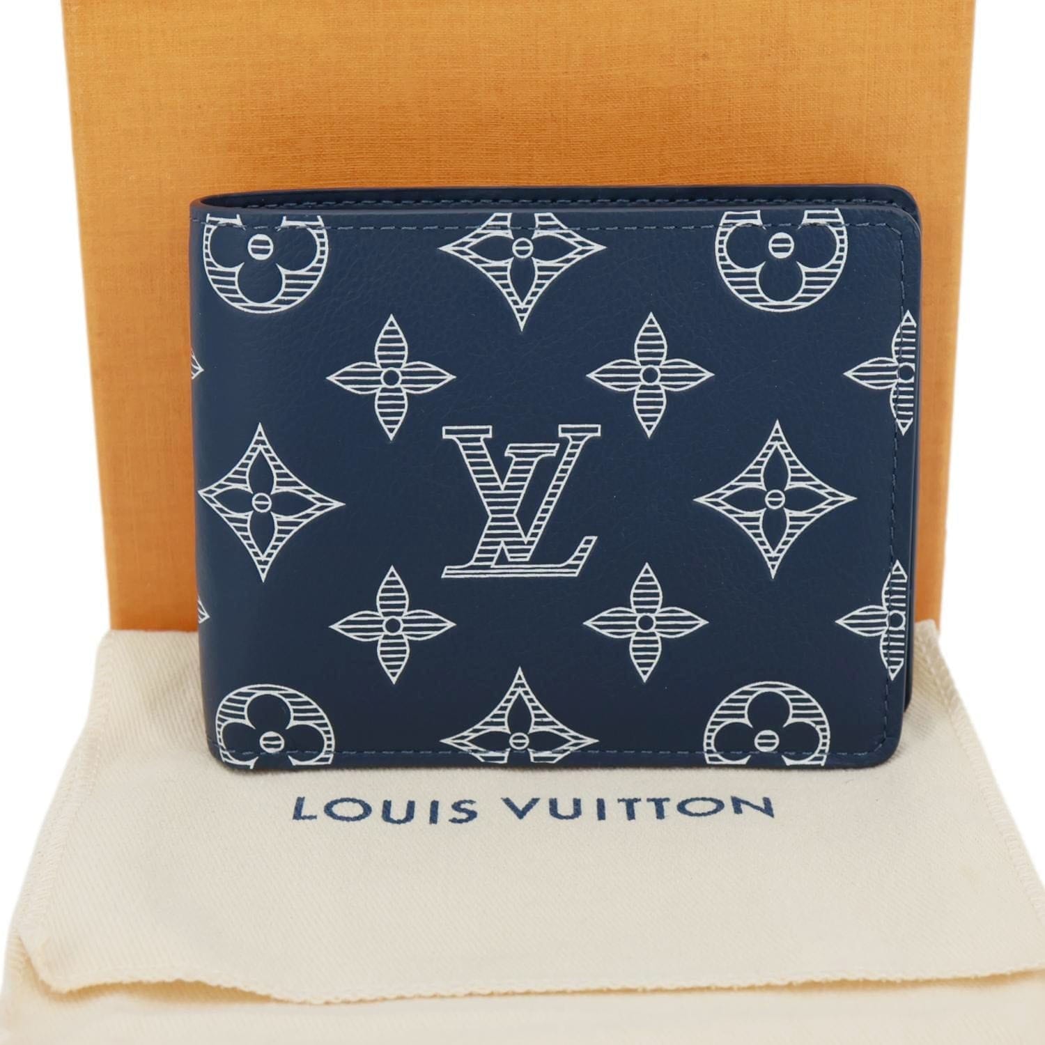 LOUIS VUITTON Porte Feuille Multiple Monogram Shadow Leather Wallet Navy Blue