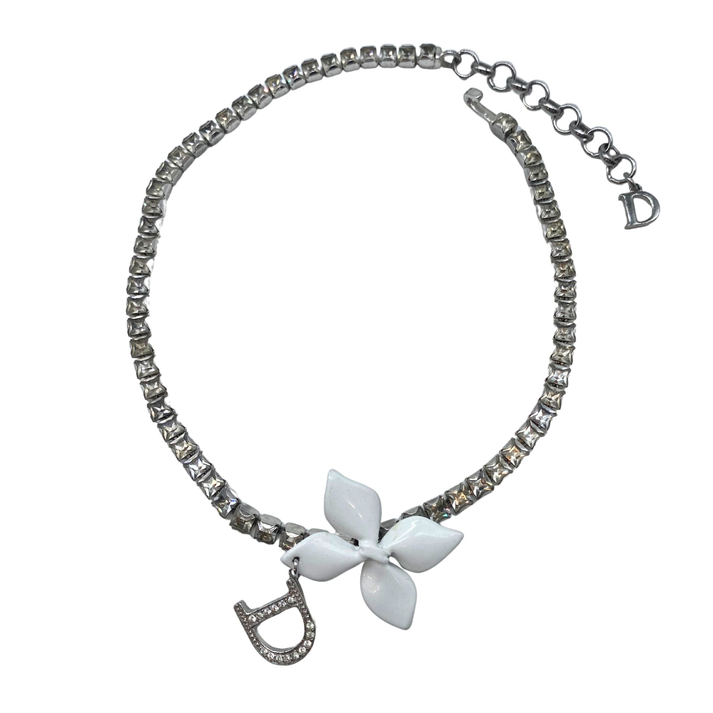 Dior Christian Dior Silver Crystal White Floral Necklace SS04 by John Galliano