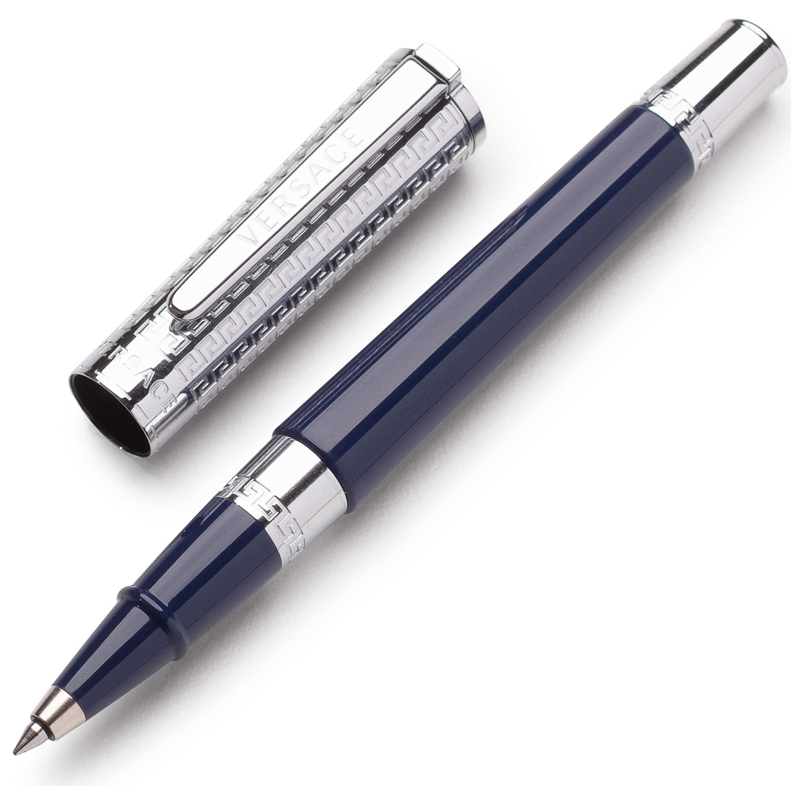 Versace Blue Steel Cap With Greca Engraved Rollerball Pen Versace