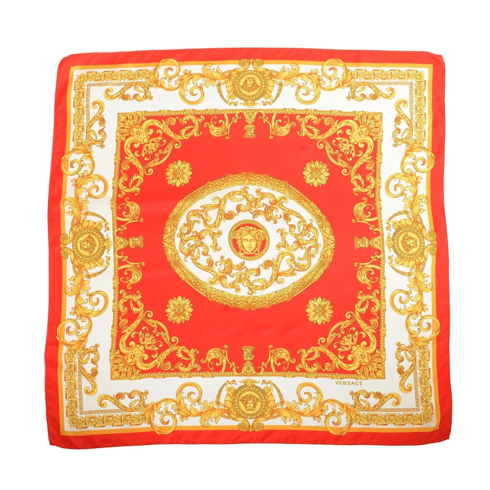 Versace Red/White/Gold Barocco Pattern Silk Scarf