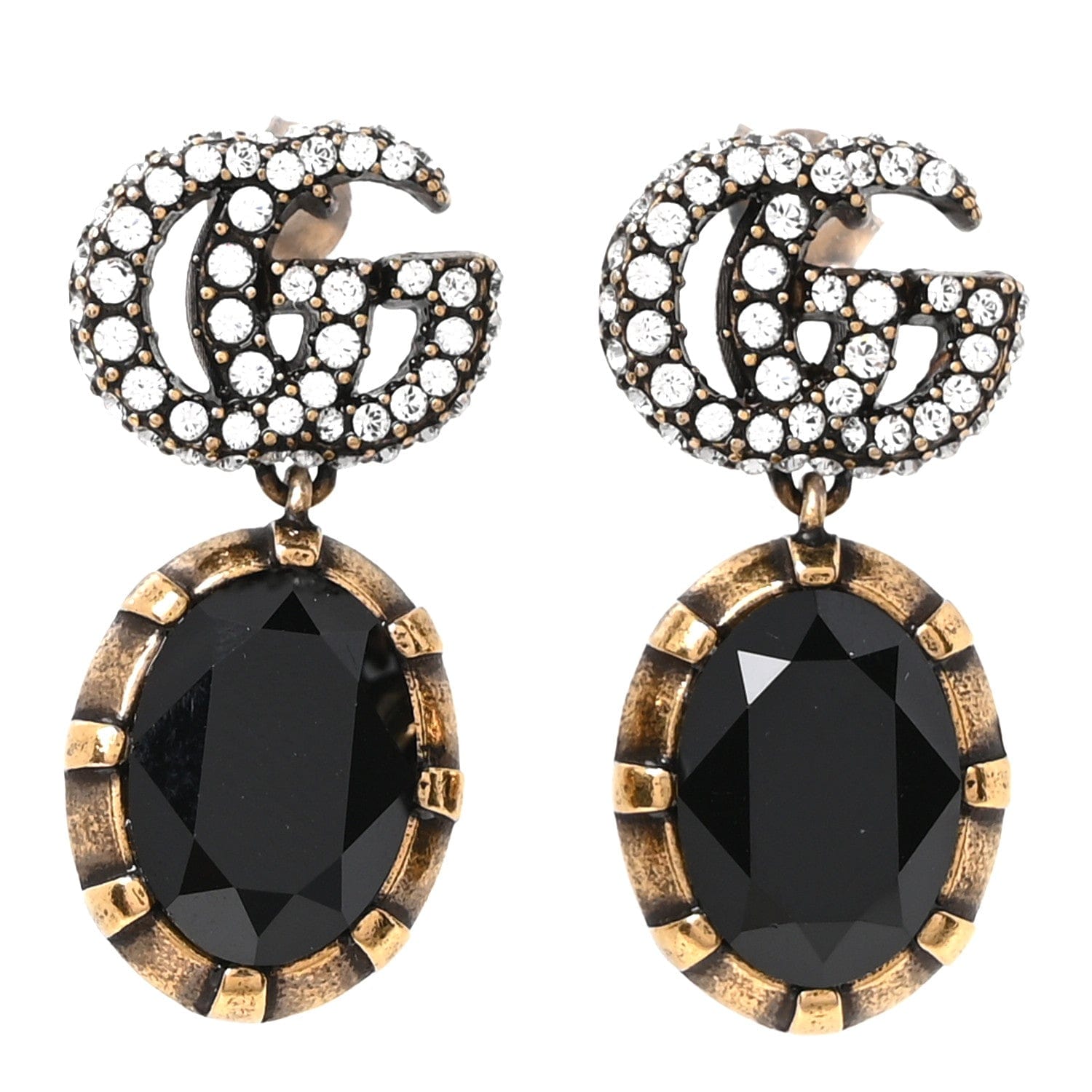 Gucci Metal Crystal Double G Drop Earrings Black Gold