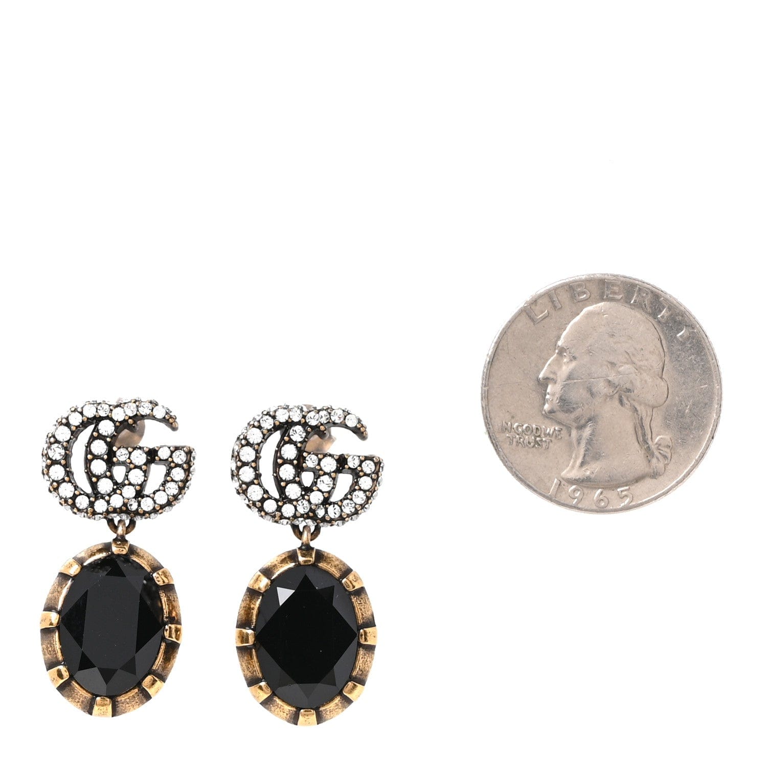 Gucci Metal Crystal Double G Drop Earrings Black Gold