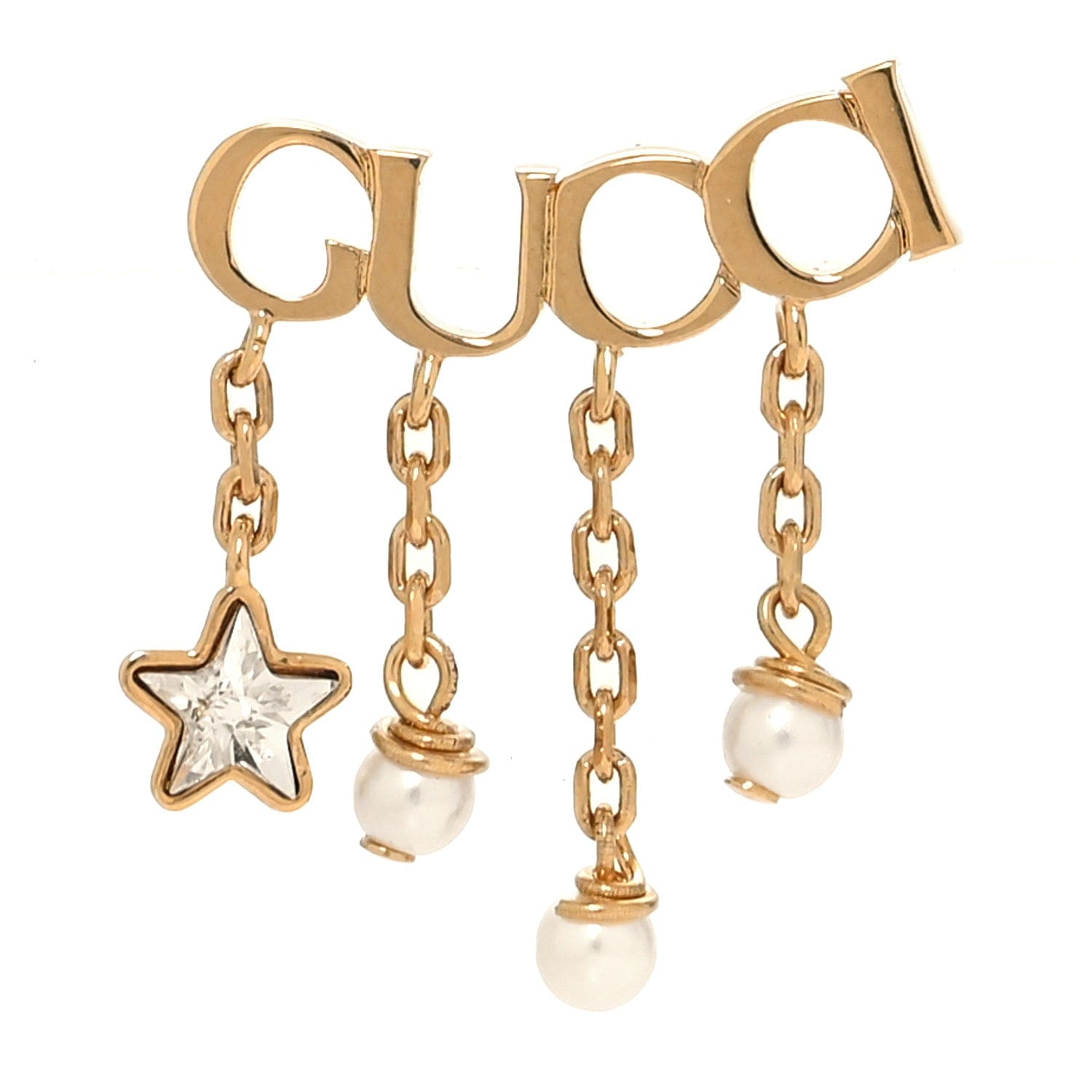 Gucci Metal Crystal Pearl Script Drop Single Earring Gold