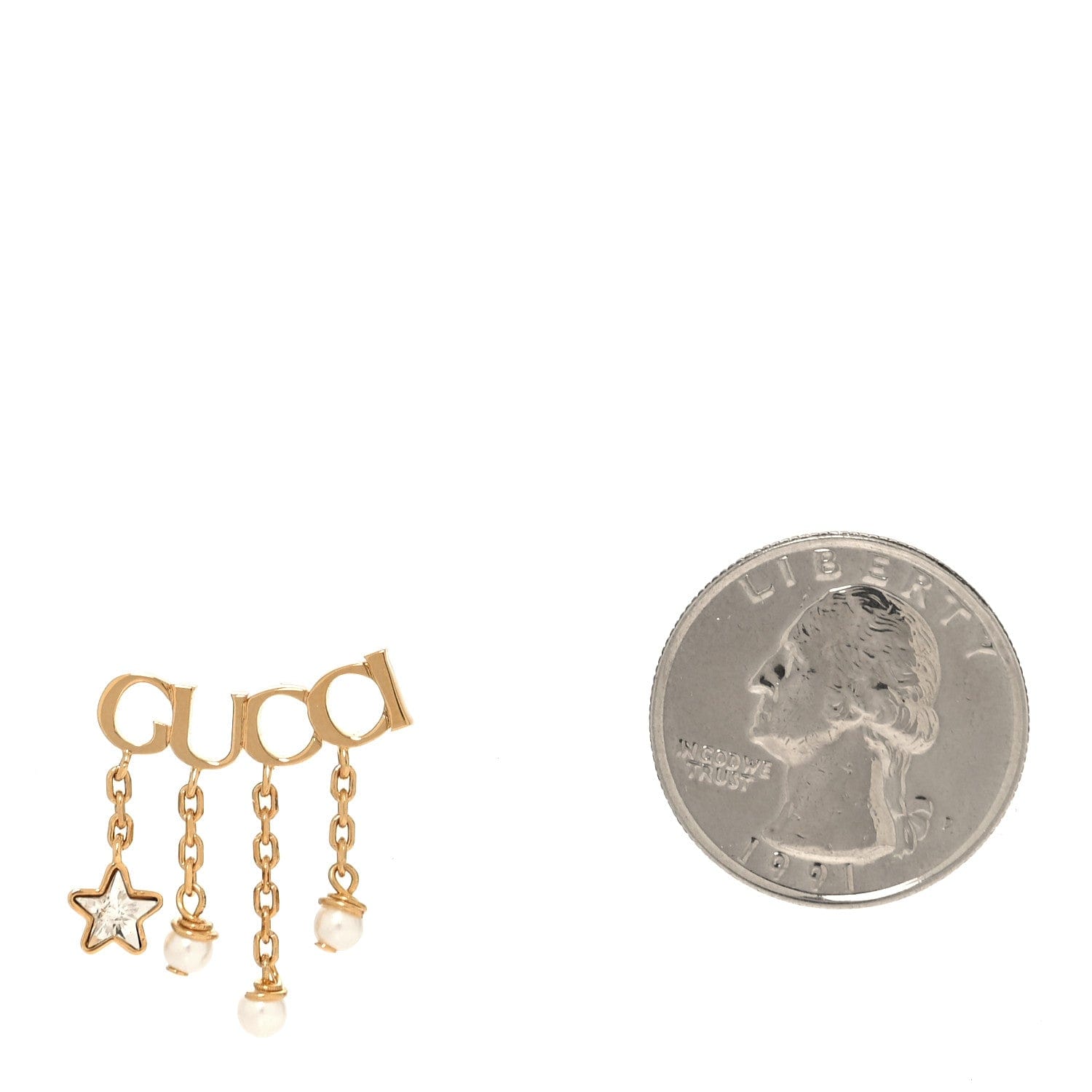 Gucci Metal Crystal Pearl Script Drop Single Earring Gold