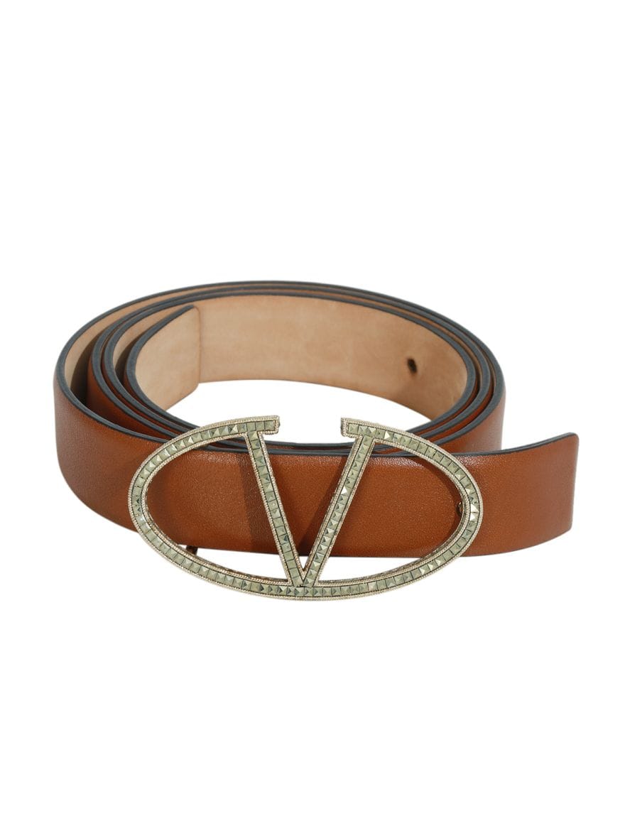 Valentino Tan leather Embellished Logo Platino Belt Size: 36"
