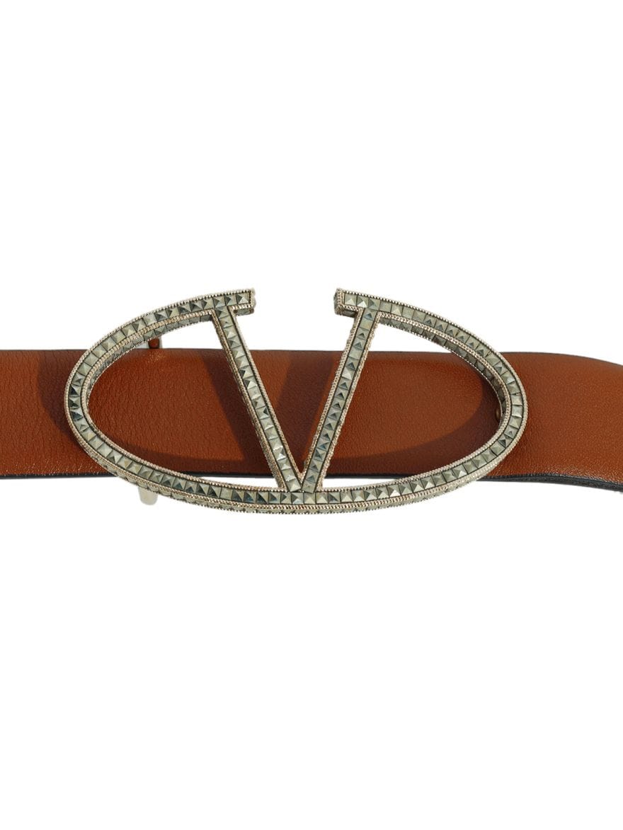 Valentino Tan leather Embellished Logo Platino Belt Size: 36"