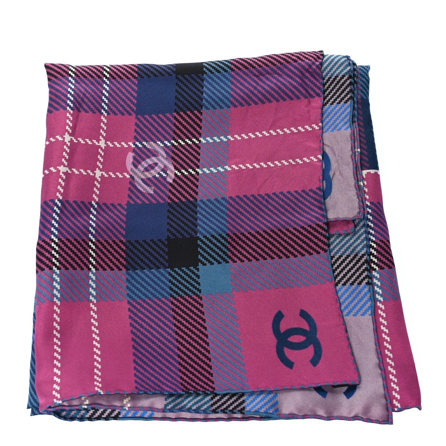 Chanel Silk Tartan CC Scarf Pink Blue