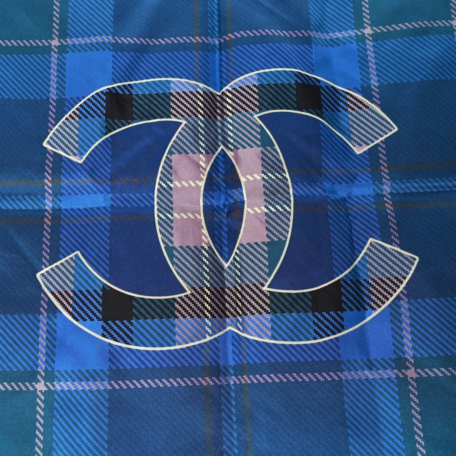 Chanel Silk Tartan CC Scarf Pink Blue
