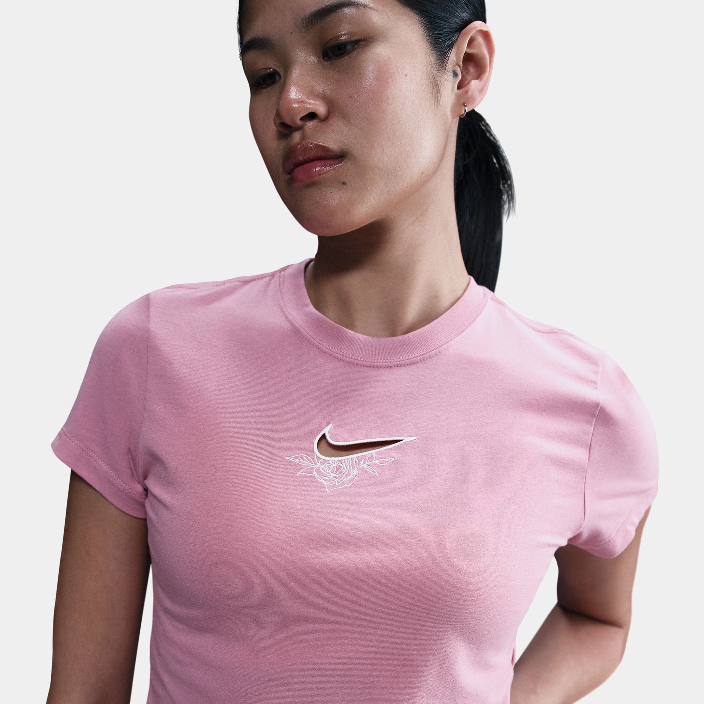 Nike NSW Chill Knit Slim Cropped Womens Short Sleeve Shirt (Pink/White)