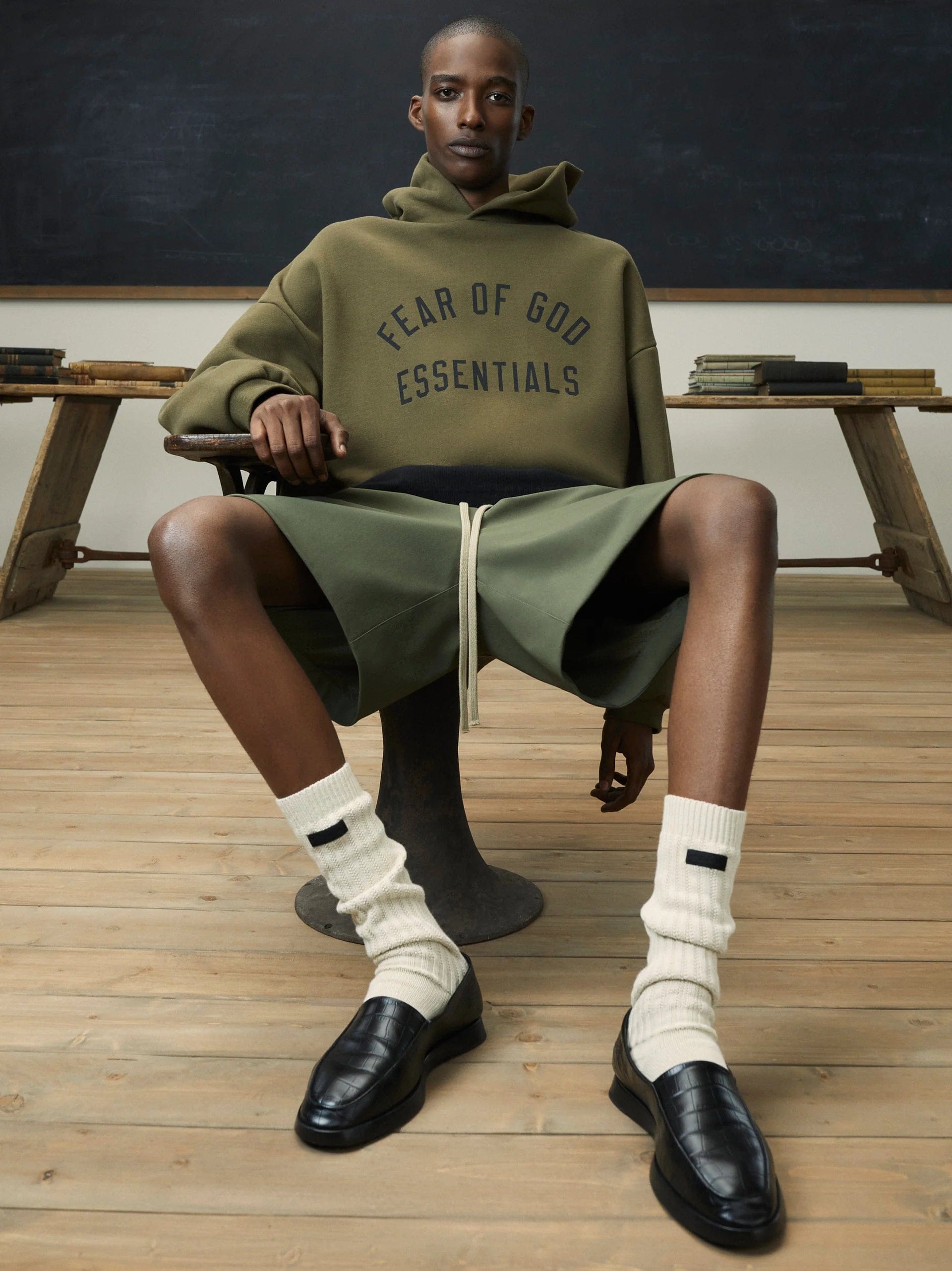 Fear of God Essentials Fleece Hoodie (FW24) Olive Arch Logo