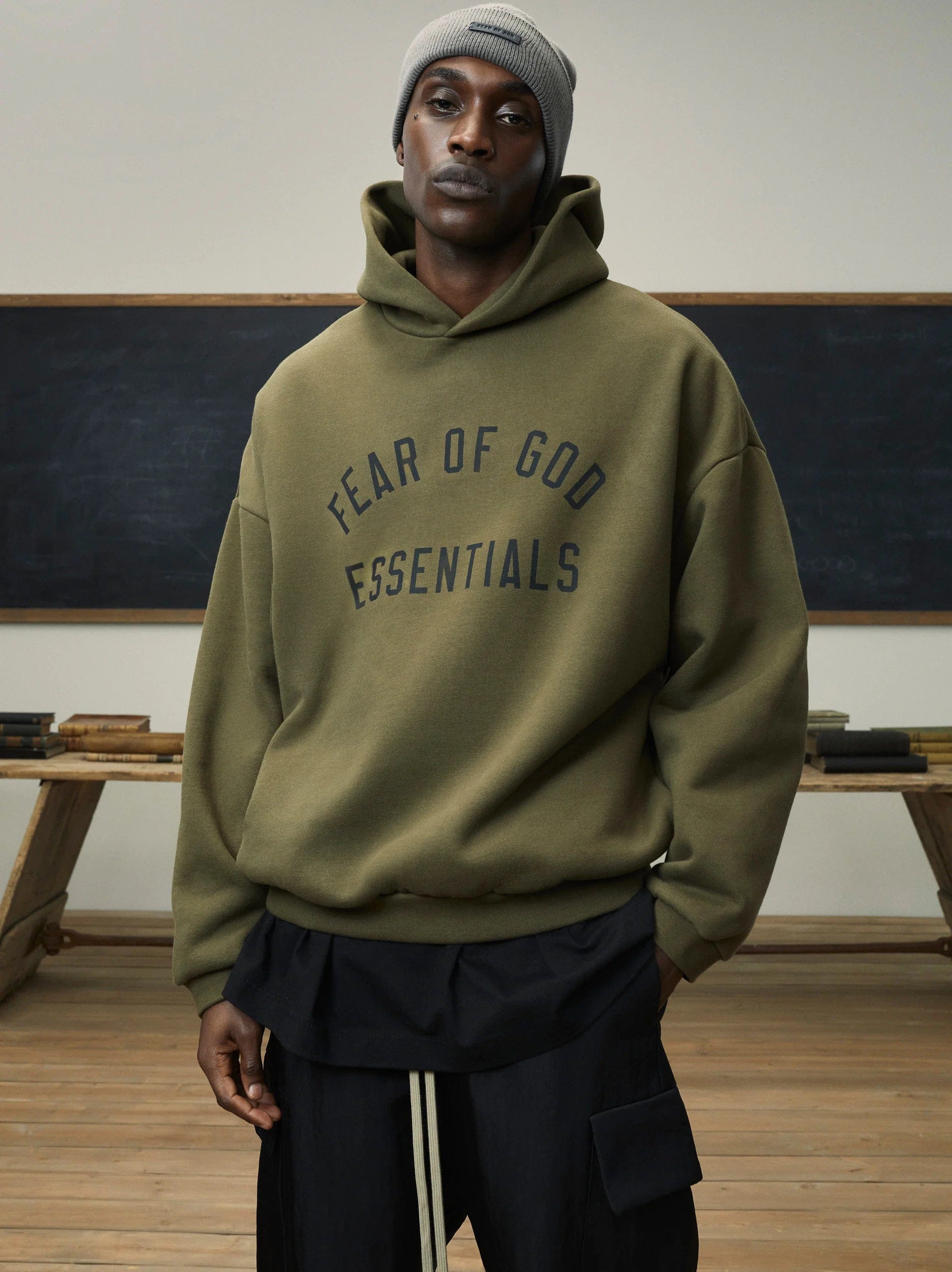 Fear of God Essentials Fleece Hoodie (FW24) Olive Arch Logo