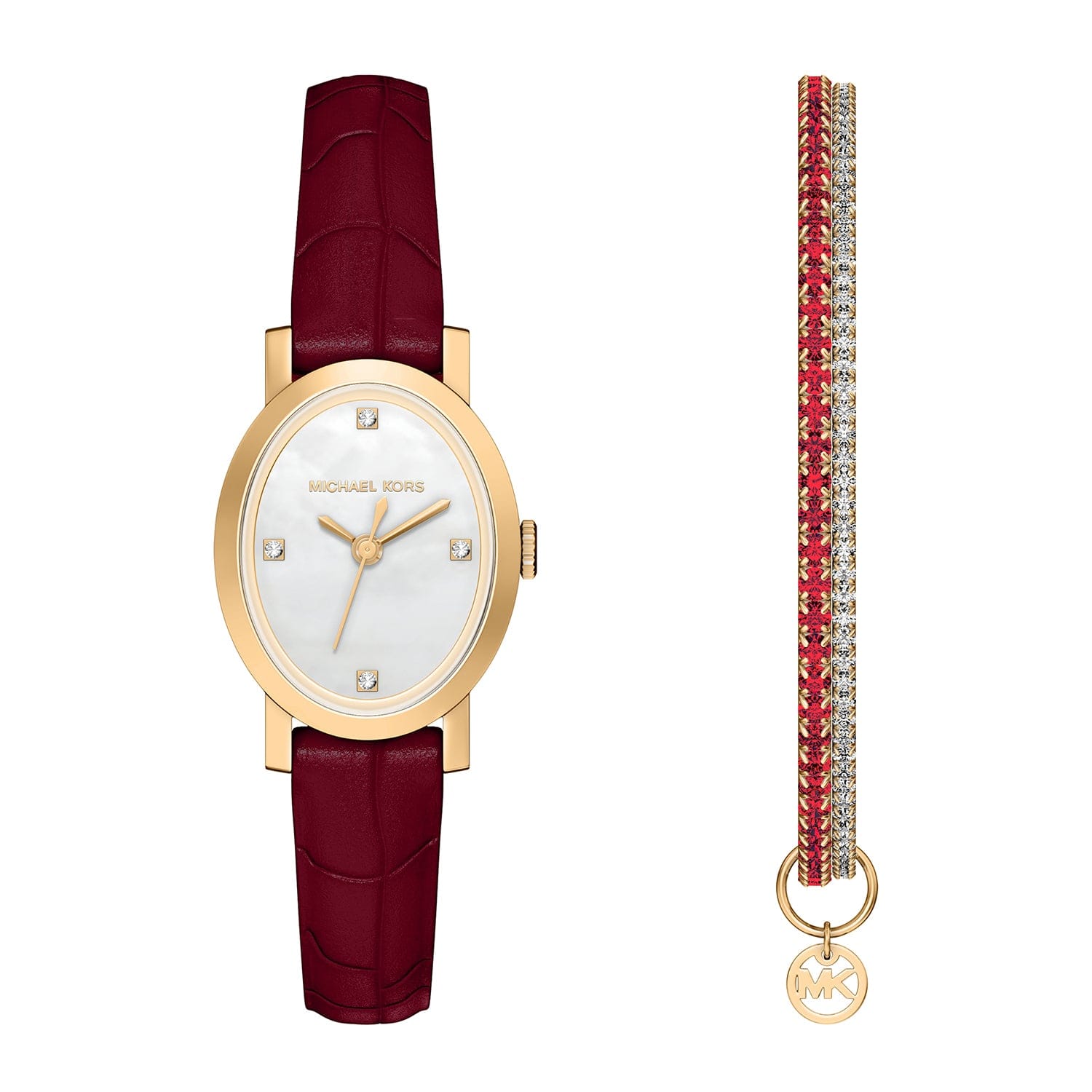 Michael Kors Women's Maude Three - Hand Red Leather Watch and Bracelet Set