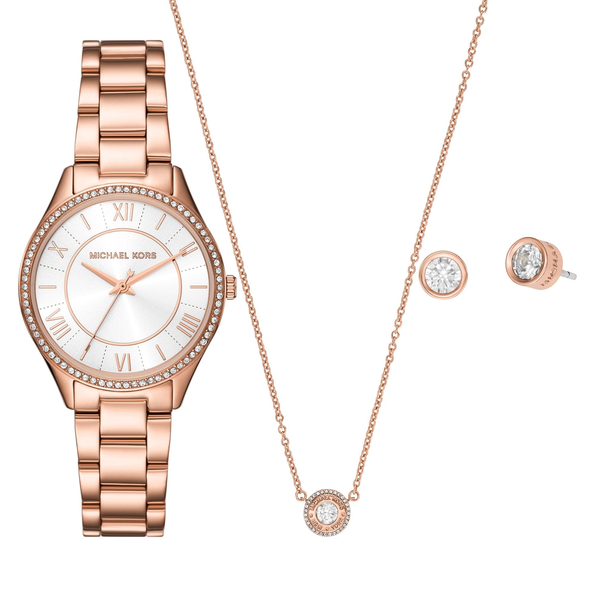 Michael Kors Lauryn Three - Hand Rose Gold - Tone Stainless Steel Watch, Earrings and Necklace Gift Set