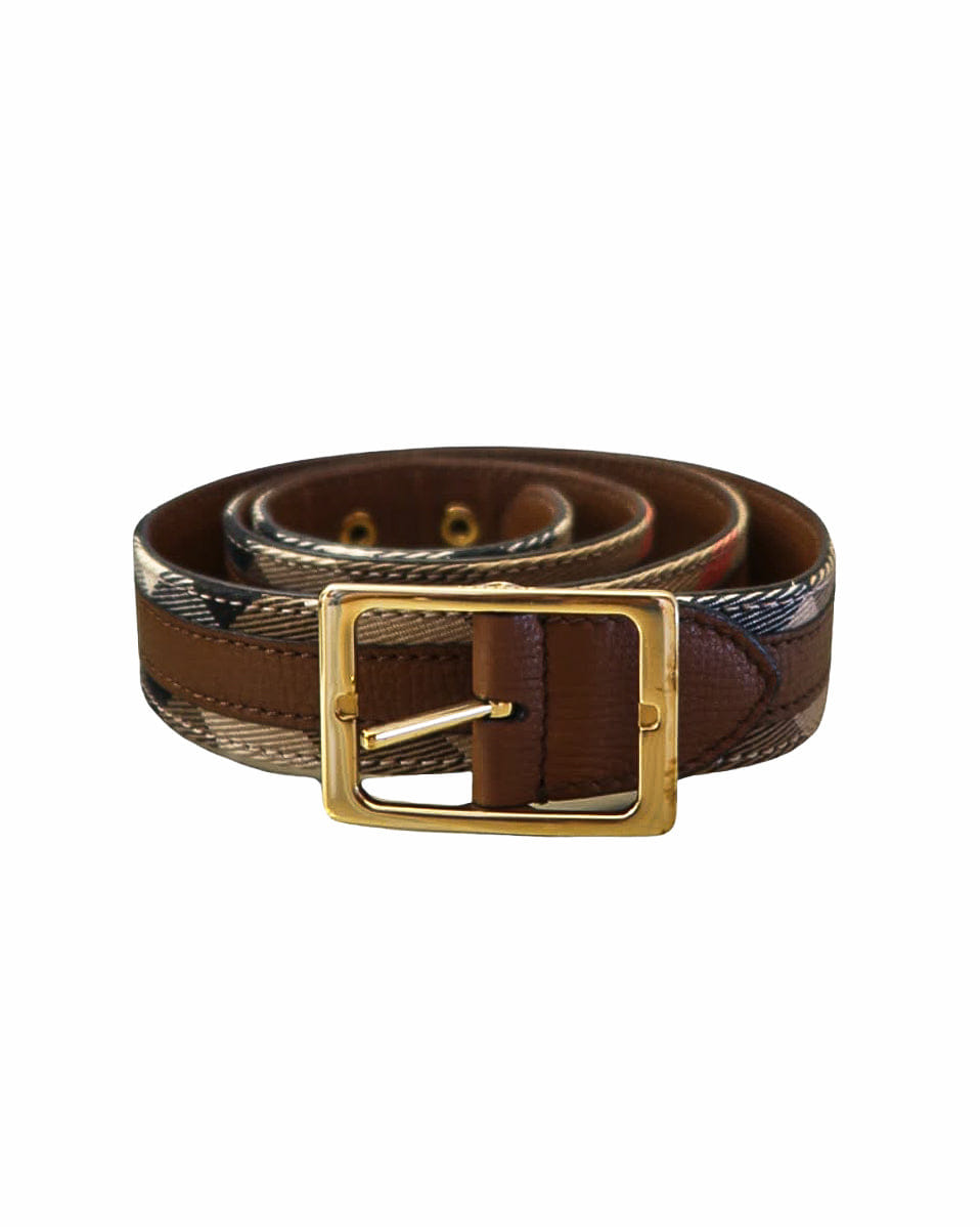 Burberry Vintage Check & Brown Leather Gold Buckle Belt