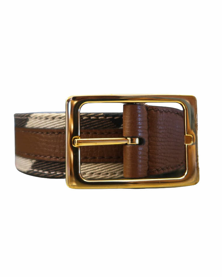 Burberry Vintage Check & Brown Leather Gold Buckle Belt
