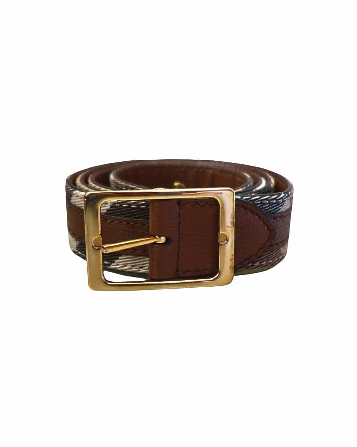 Burberry Vintage Check & Brown Leather Gold Buckle Belt