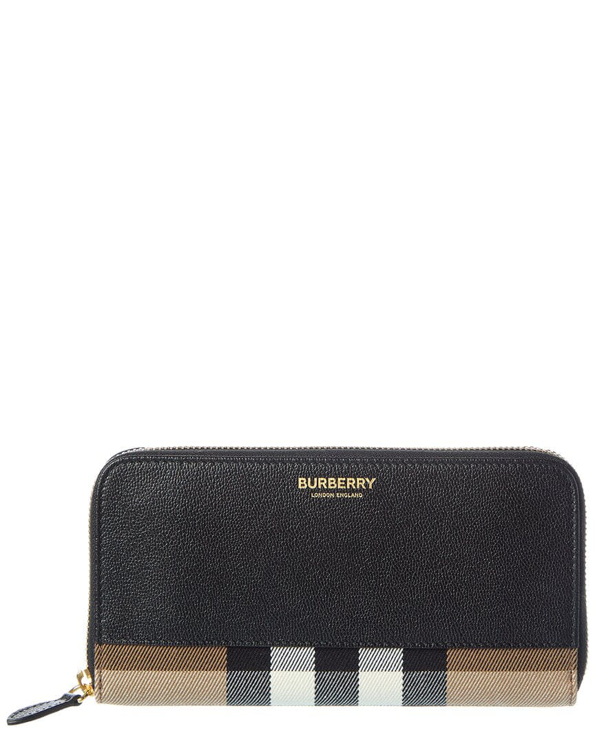 Burberry Check Canvas & Leather Zip Around Wallet