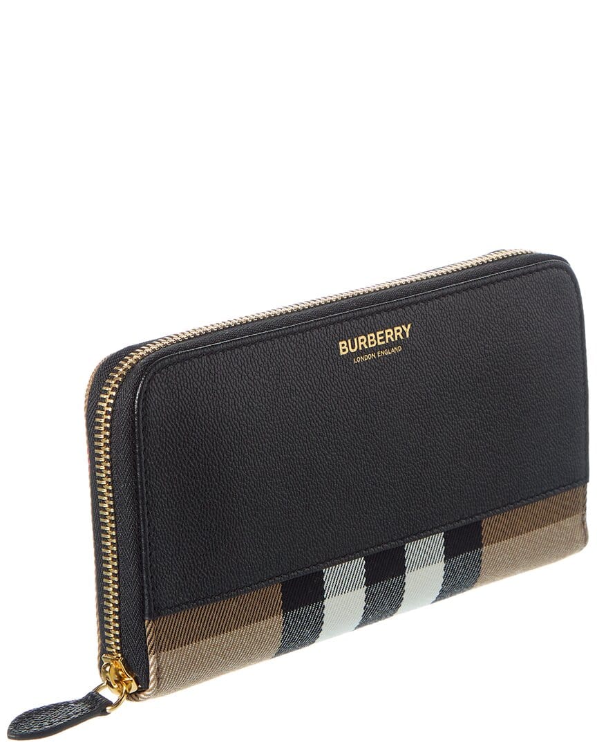 Burberry Check Canvas & Leather Zip Around Wallet