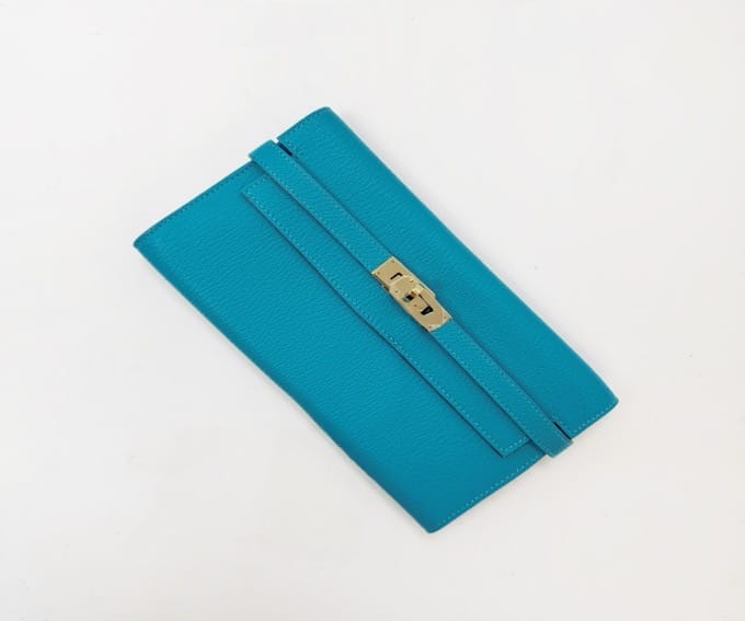 Hermes Lake Blue Kelly Wallet with Silver Buckle, 19.5 (T - stamp) 21744593